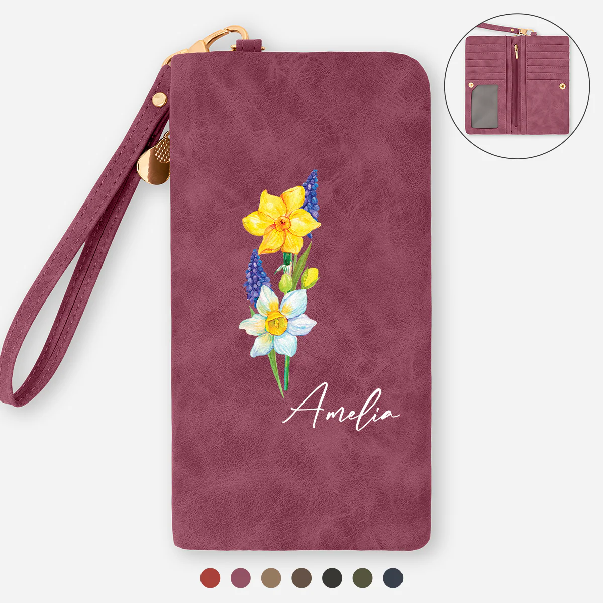 Portefeuille Cuir Personnalisé Avec Dragonne - Cadeau Original Pour Femme Avec Fleur De Naissance