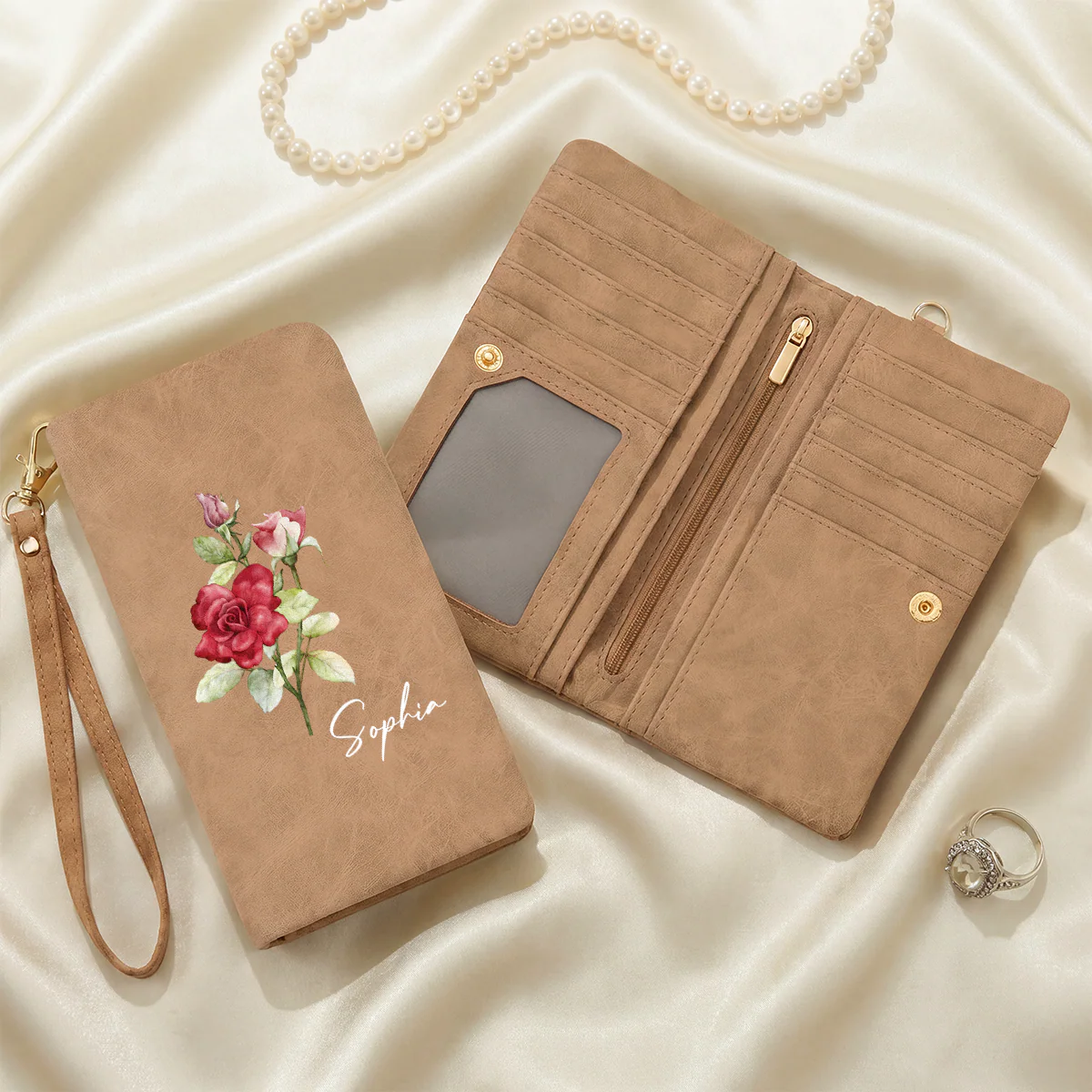 Portefeuille Cuir Personnalisé Avec Dragonne - Cadeau Original Pour Femme Avec Fleur De Naissance - Image 2