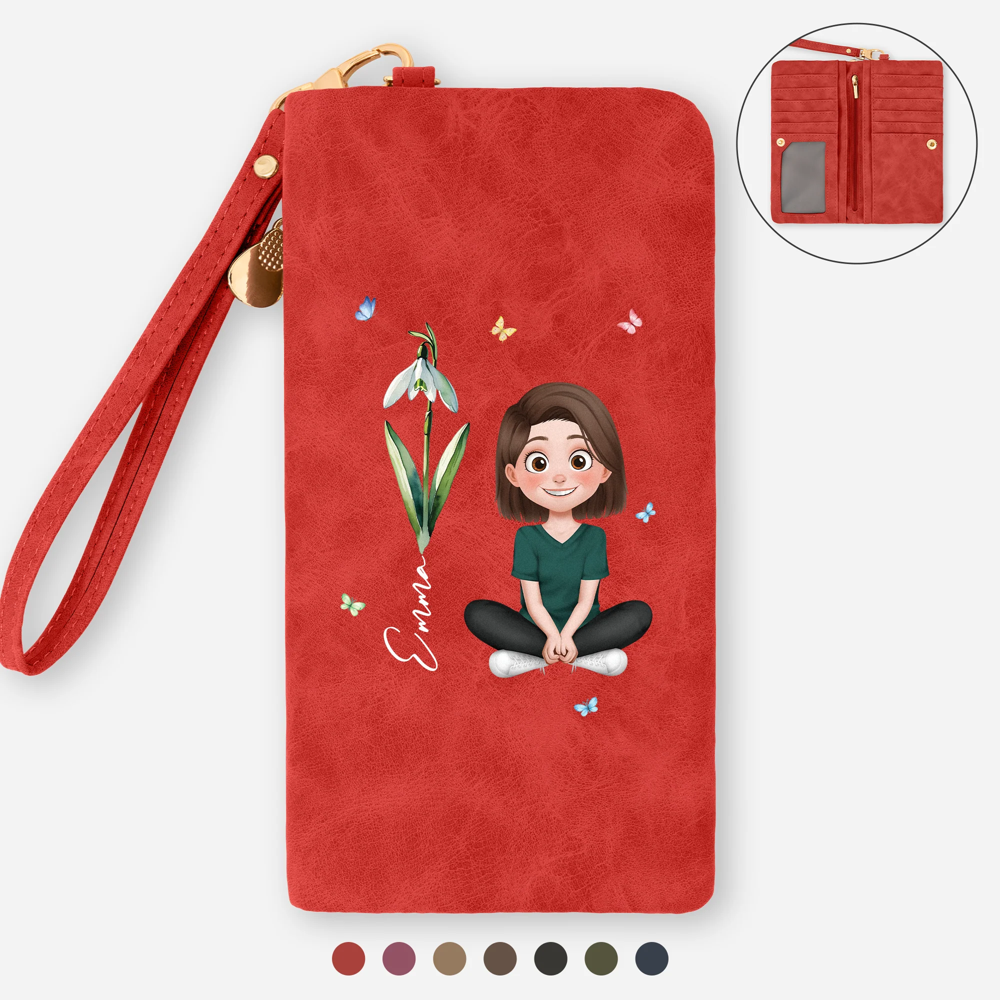 Portefeuille Cuir Personnalisé Avec Dragonne - Cadeau Pour Femme Avec Fleur De Naissance