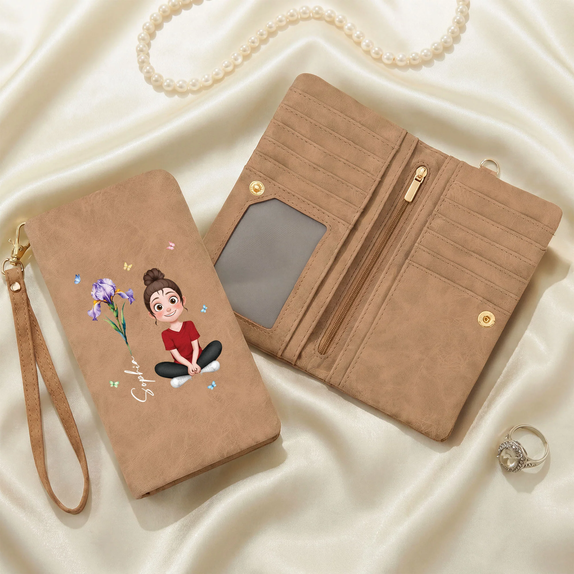 Portefeuille Cuir Personnalisé Avec Dragonne - Cadeau Pour Femme Avec Fleur De Naissance - Image 2