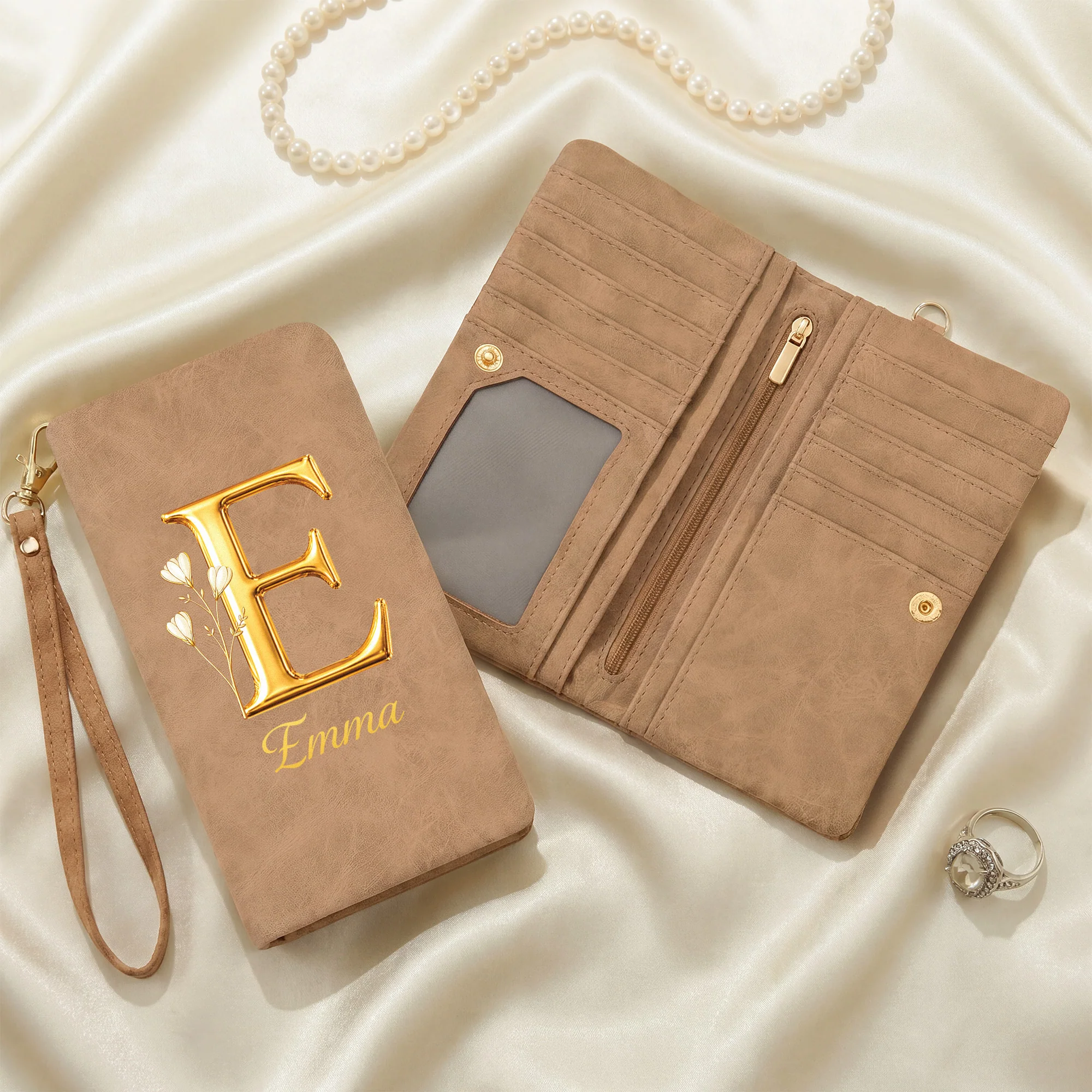 Portefeuille Cuir Personnalisé Avec Dragonne - Cadeau Pour Femme Avec Fleur De Naissance - Image 2