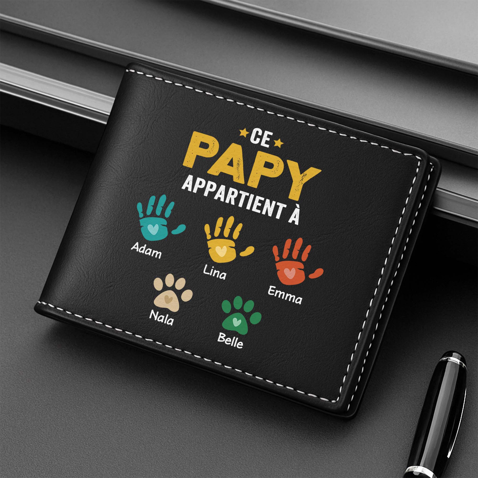 Portefeuille Cuir Personnalisé - Ce Papa Appartient À - Empreintes De Mains - Image 2