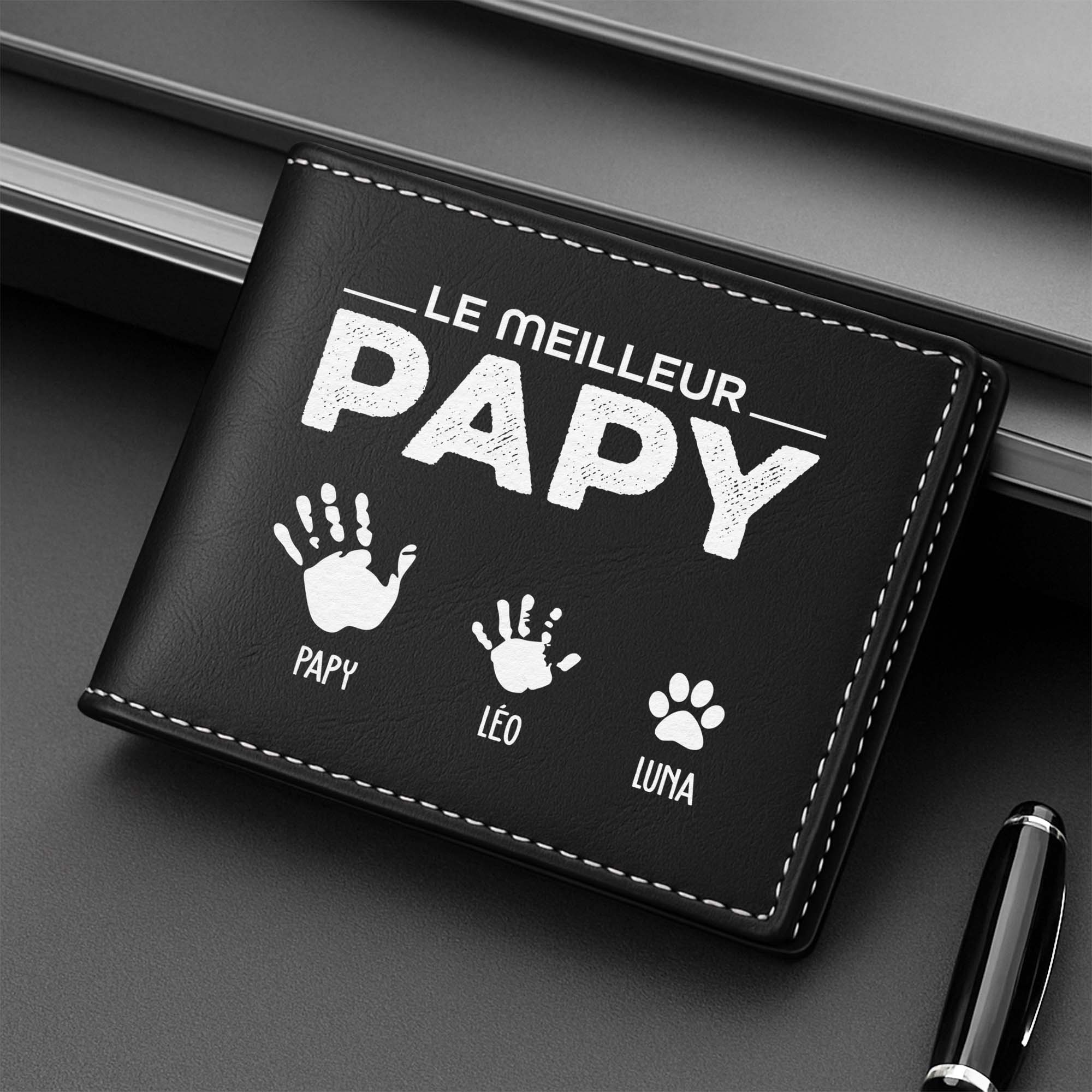 Portefeuille Cuir Personnalisé - Meilleur Papa - Empreintes De Mains - Image 2