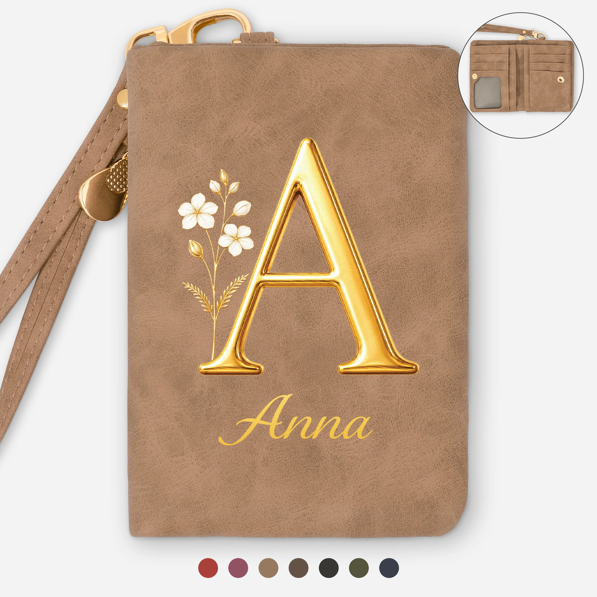 Portefeuille Cuir Personnalisé Trois Volets - Cadeau Pour Femme Avec Fleur De Naissance