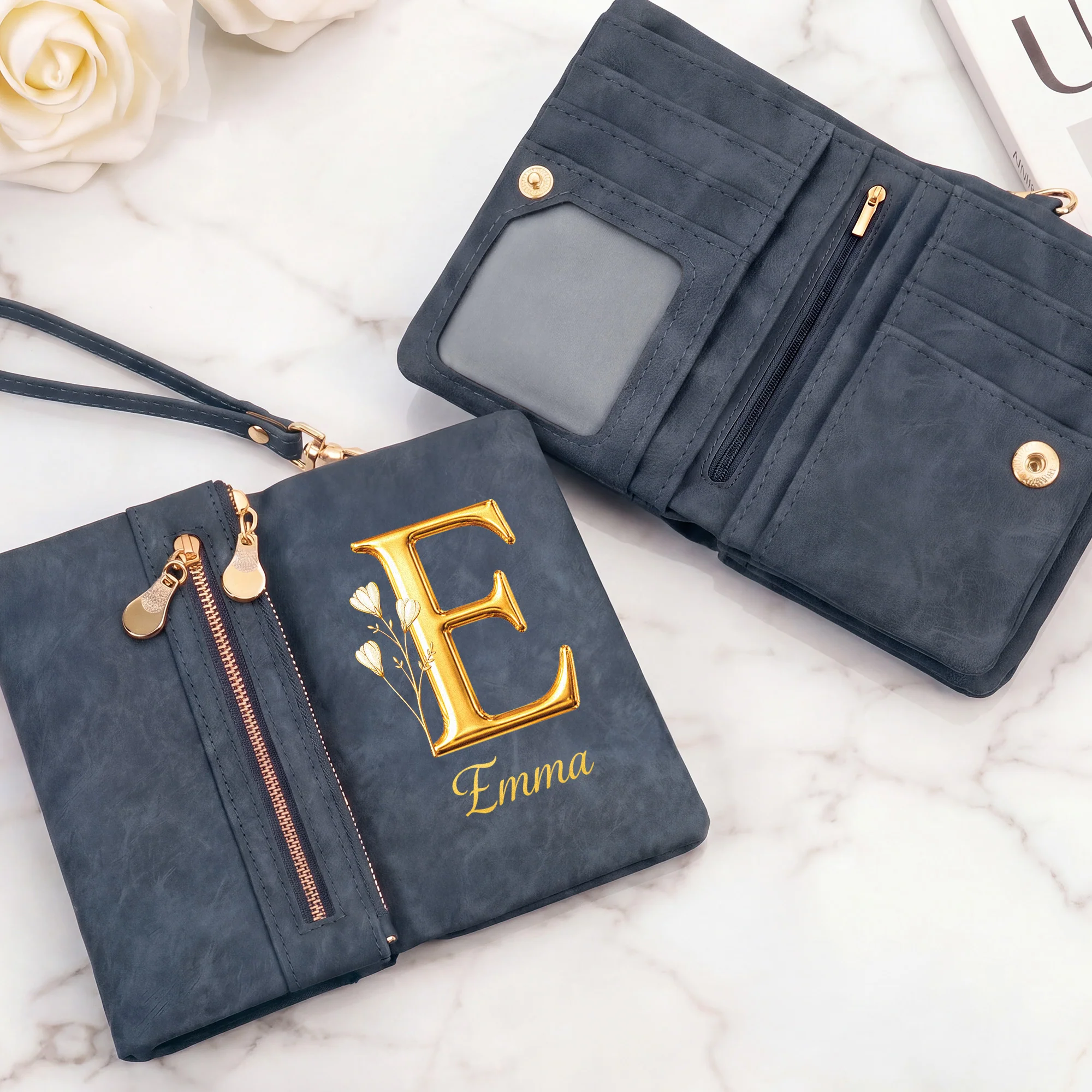 Portefeuille Cuir Personnalisé Trois Volets - Cadeau Pour Femme Avec Fleur De Naissance - Image 2