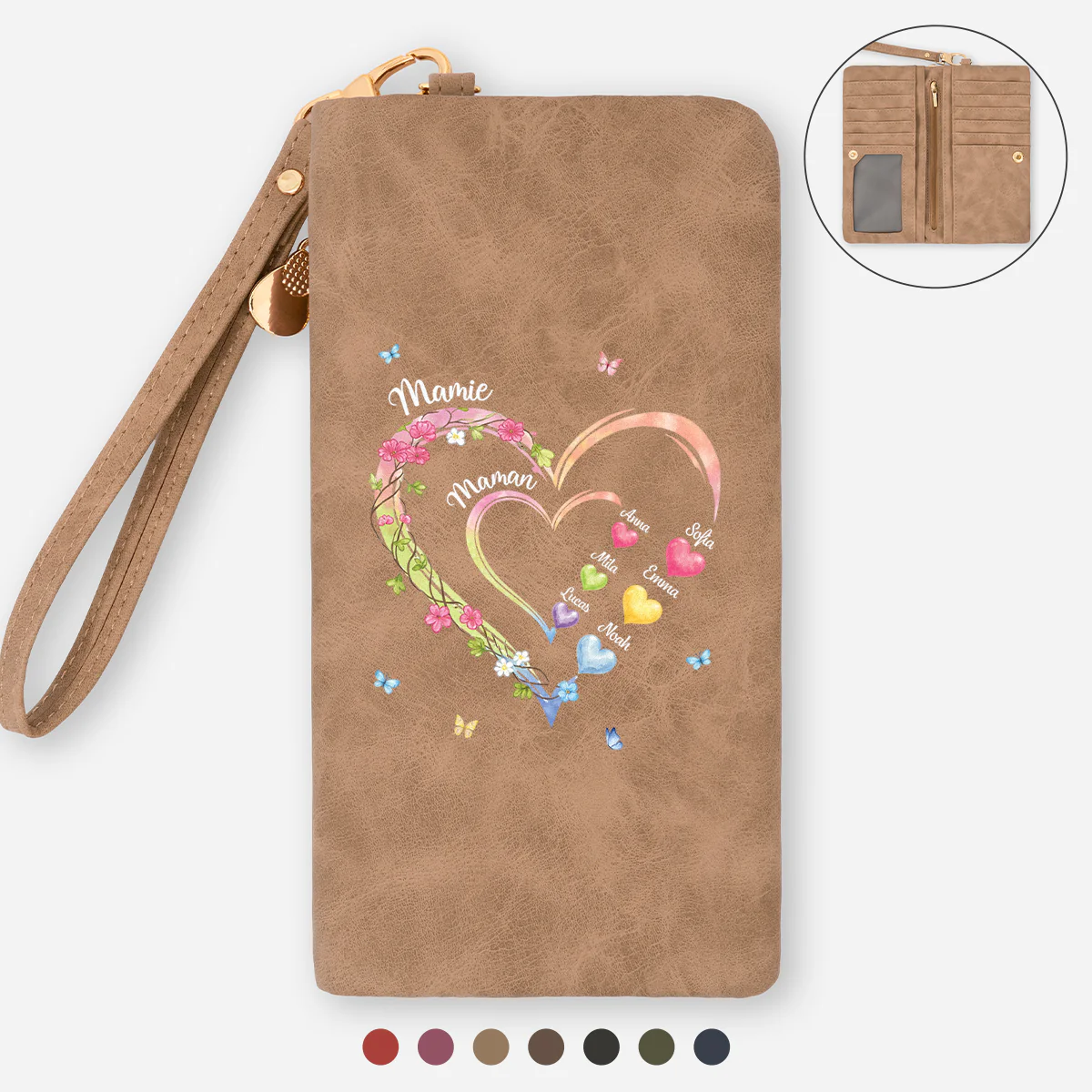 Portefeuille Femme Cuir Personnalisé Avec Dragonne - Cadeau Maman Mamie Cœur Et Fleur