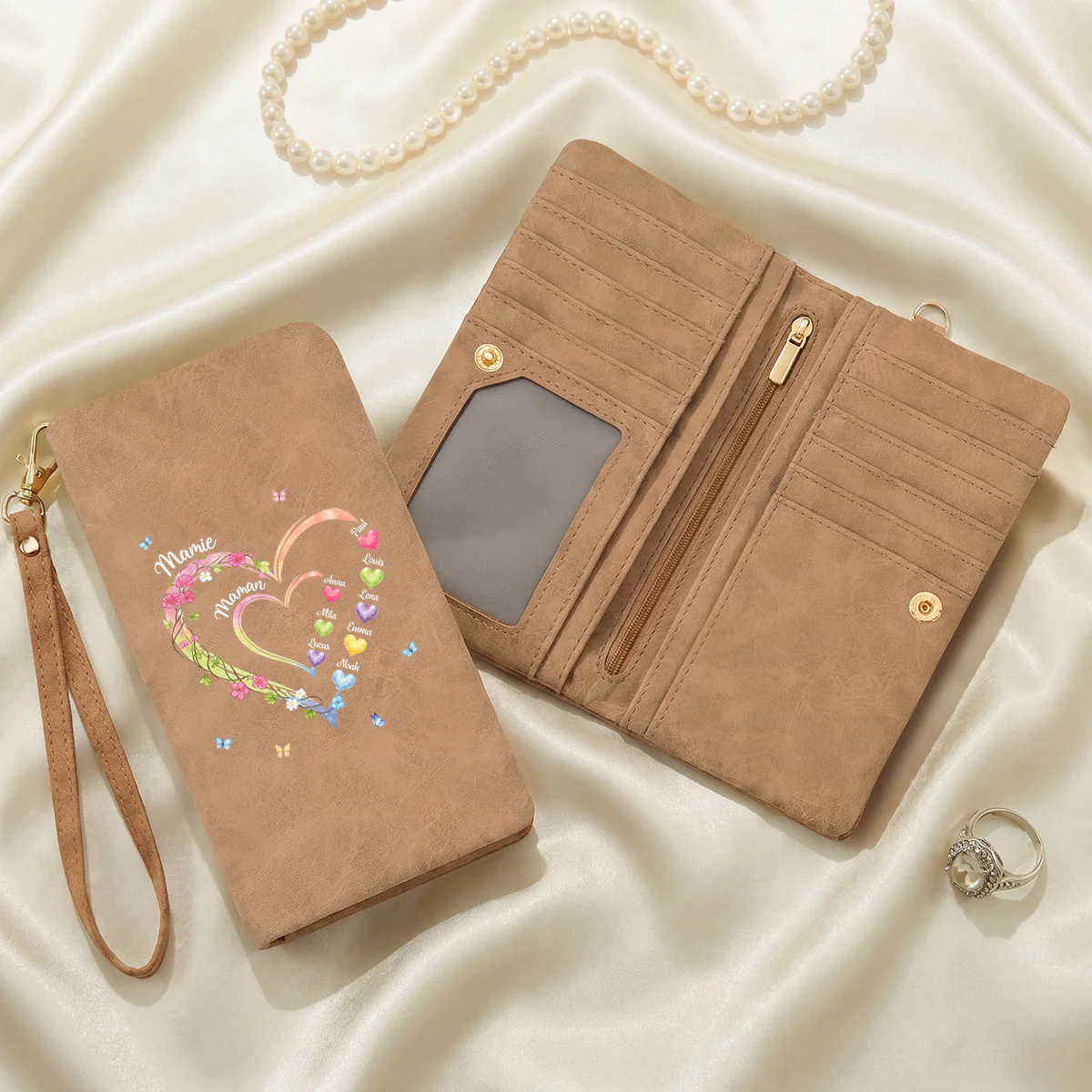 Portefeuille Femme Cuir Personnalisé Avec Dragonne - Cadeau Maman Mamie Cœur Et Fleur - Image 2
