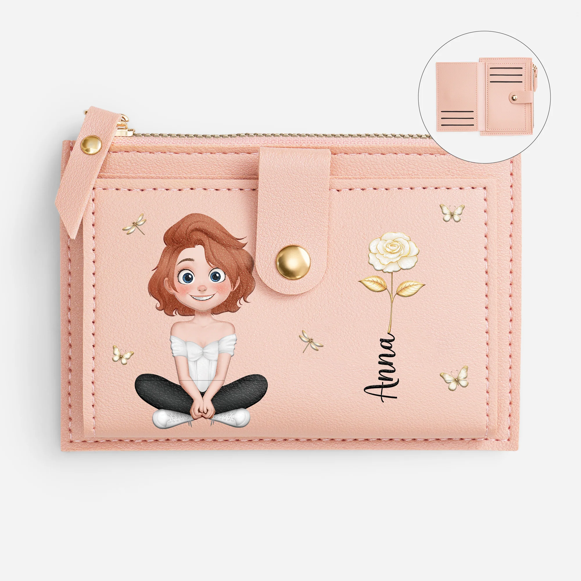 Portefeuille Femme Zippé Personnalisé - Cadeau Avec Prénom Et Dessin Fleur