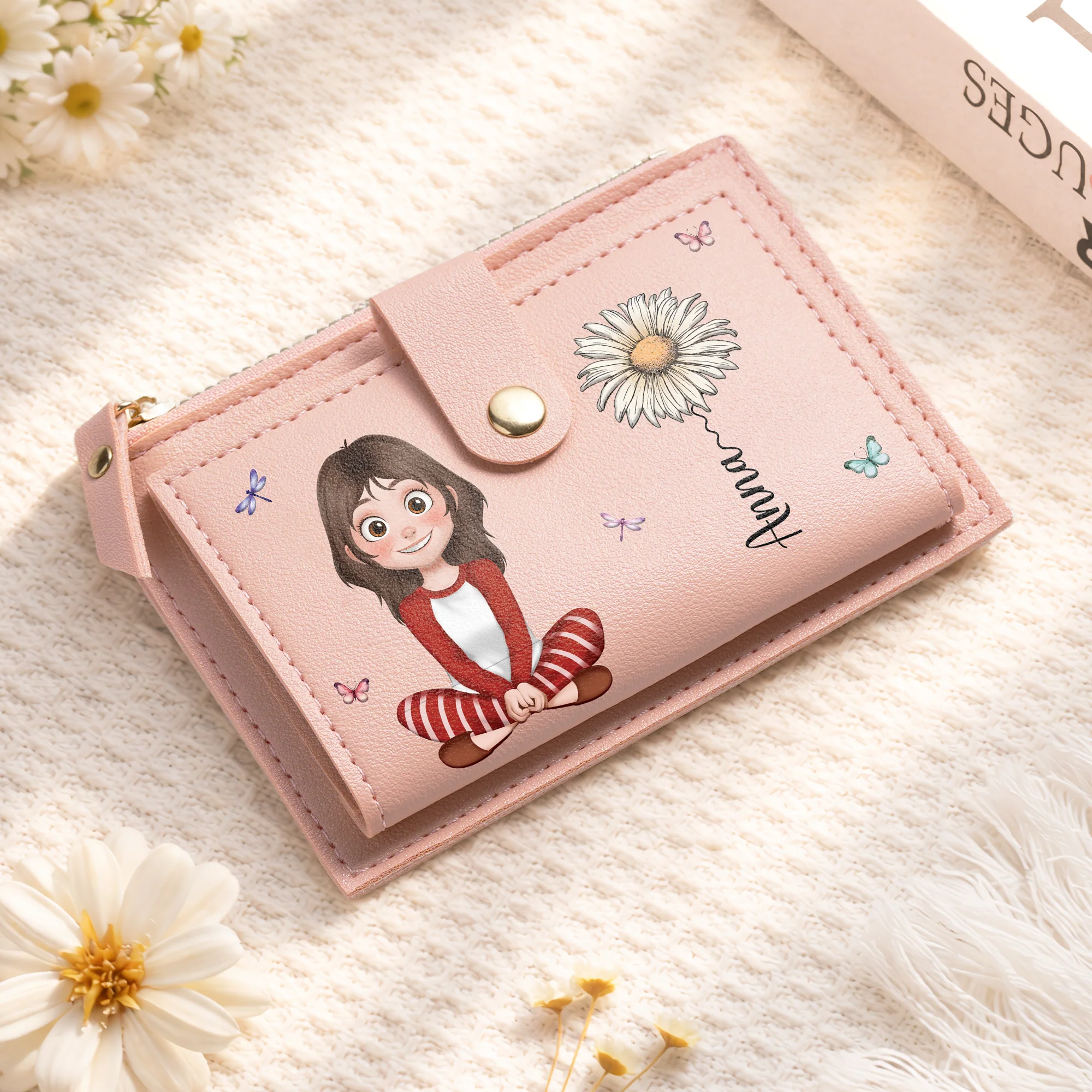 Portefeuille Femme Zippé Personnalisé - Cadeau Avec Prénom Et Dessin Fleur - Image 2