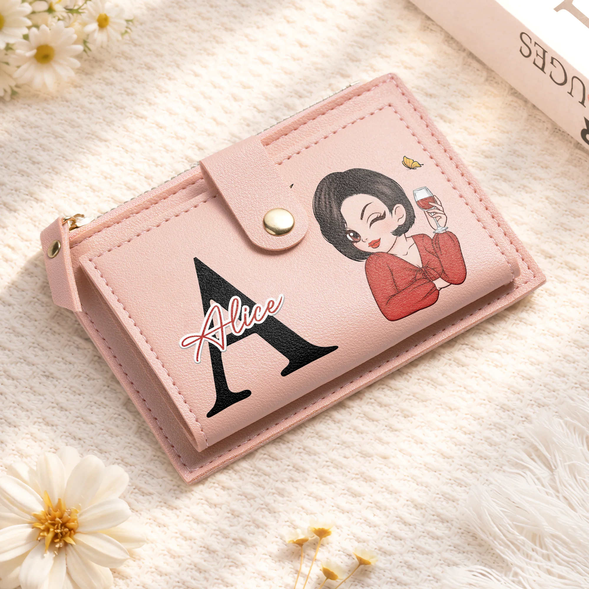 Portefeuille Zippé Femme Personnalisé - Cadeau Original Prénom Et Fleur - Image 2