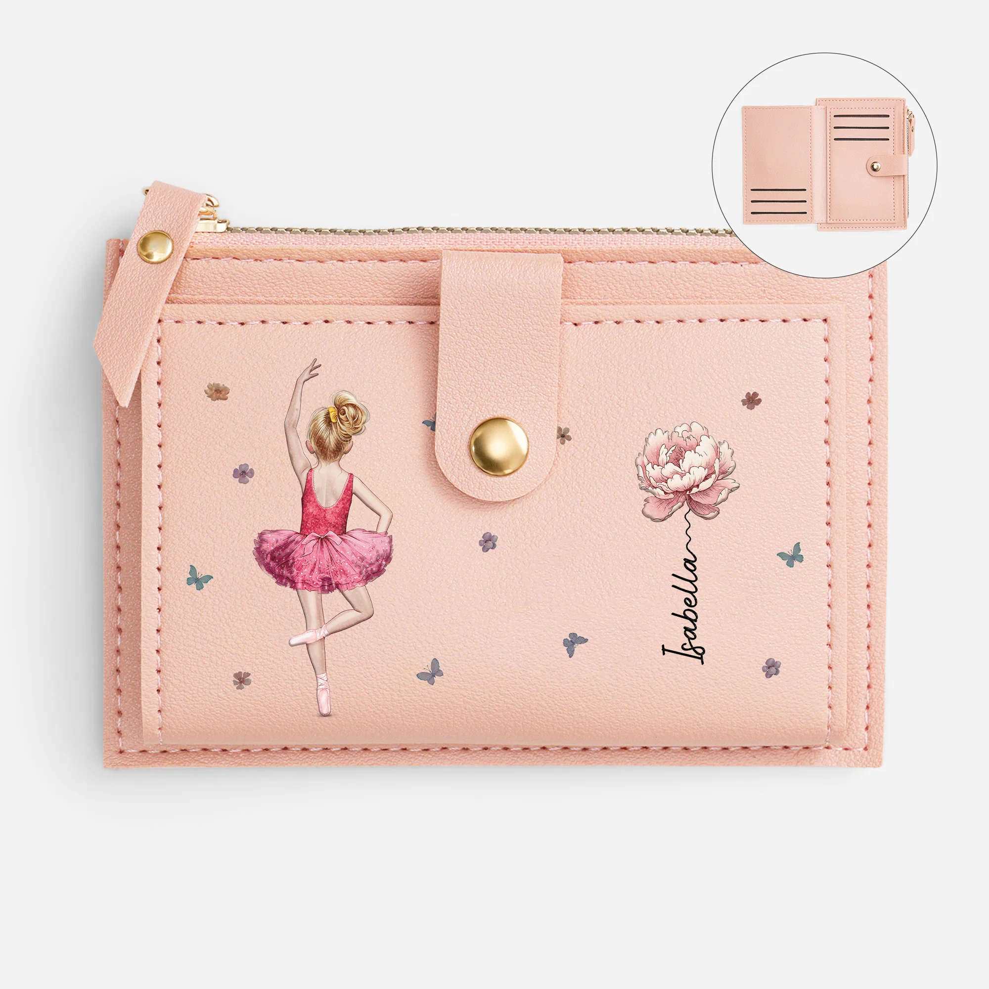 Portefeuille Zippé Personnalisé Enfant - La Ballerine Avec Fleur