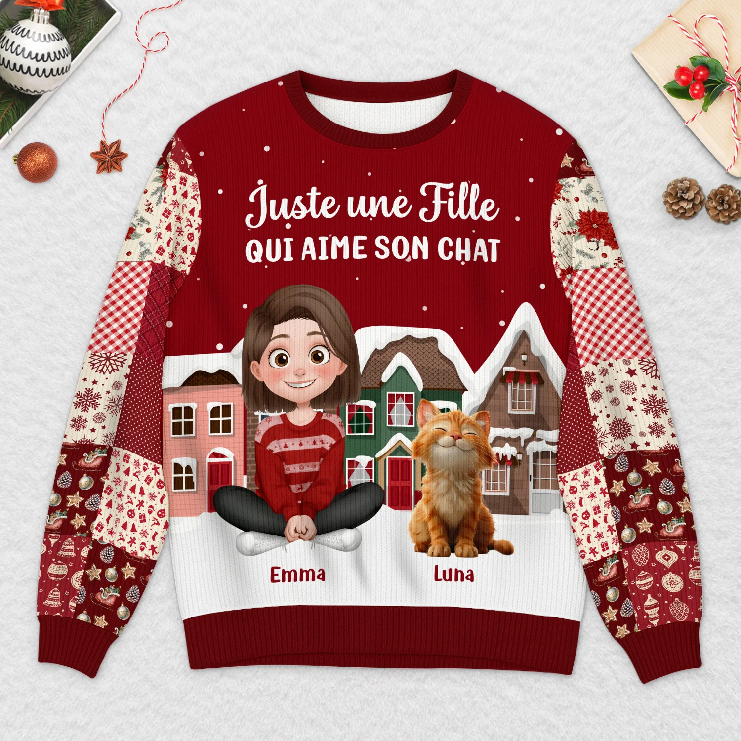 Pull De Noël Moche Personnalisé - Juste Une Fille Qui Aime Son Chat - Image 2