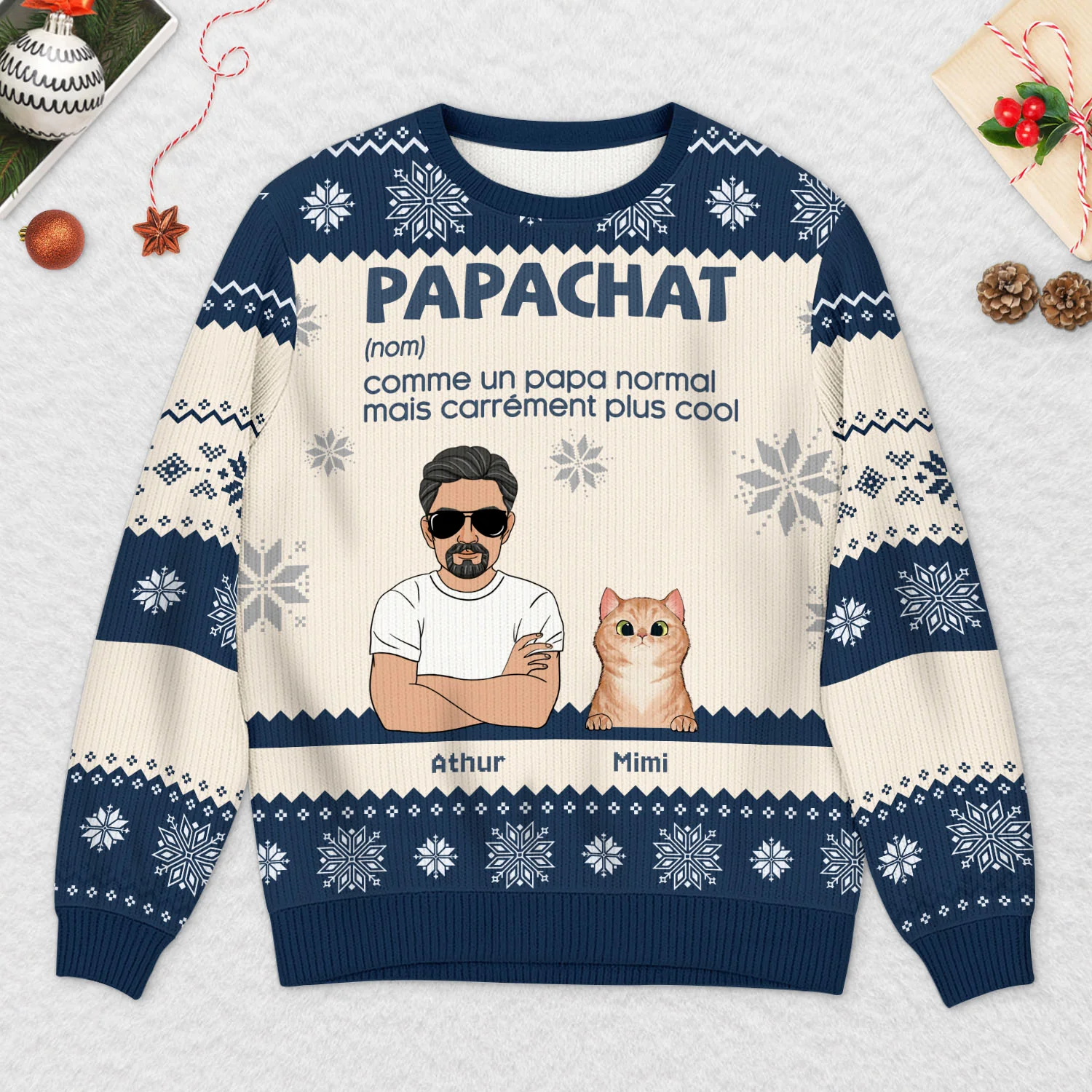 Pull De Noël Moche Personnalisé - Papa Chat Cool - Image 2