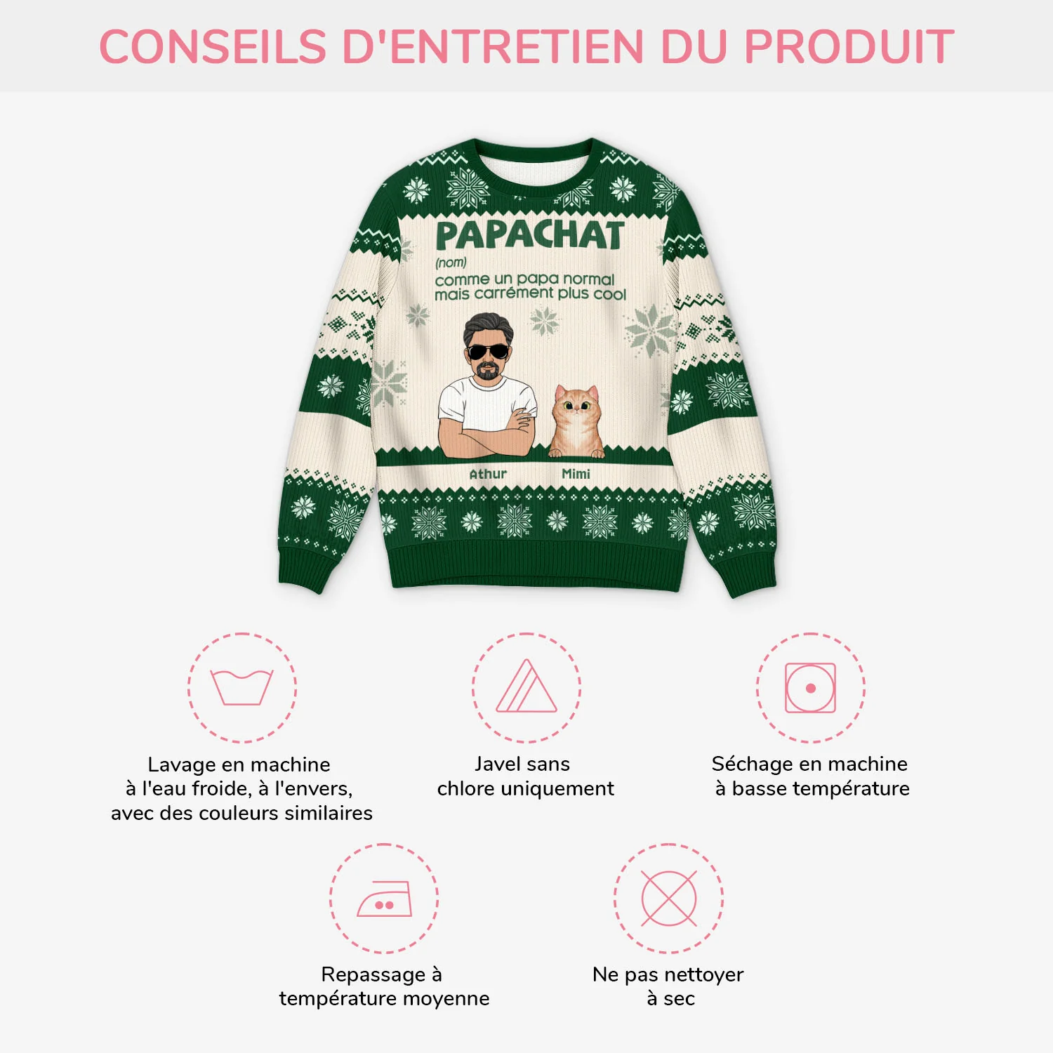 Pull De Noël Moche Personnalisé - Papa Chat Cool - Image 4