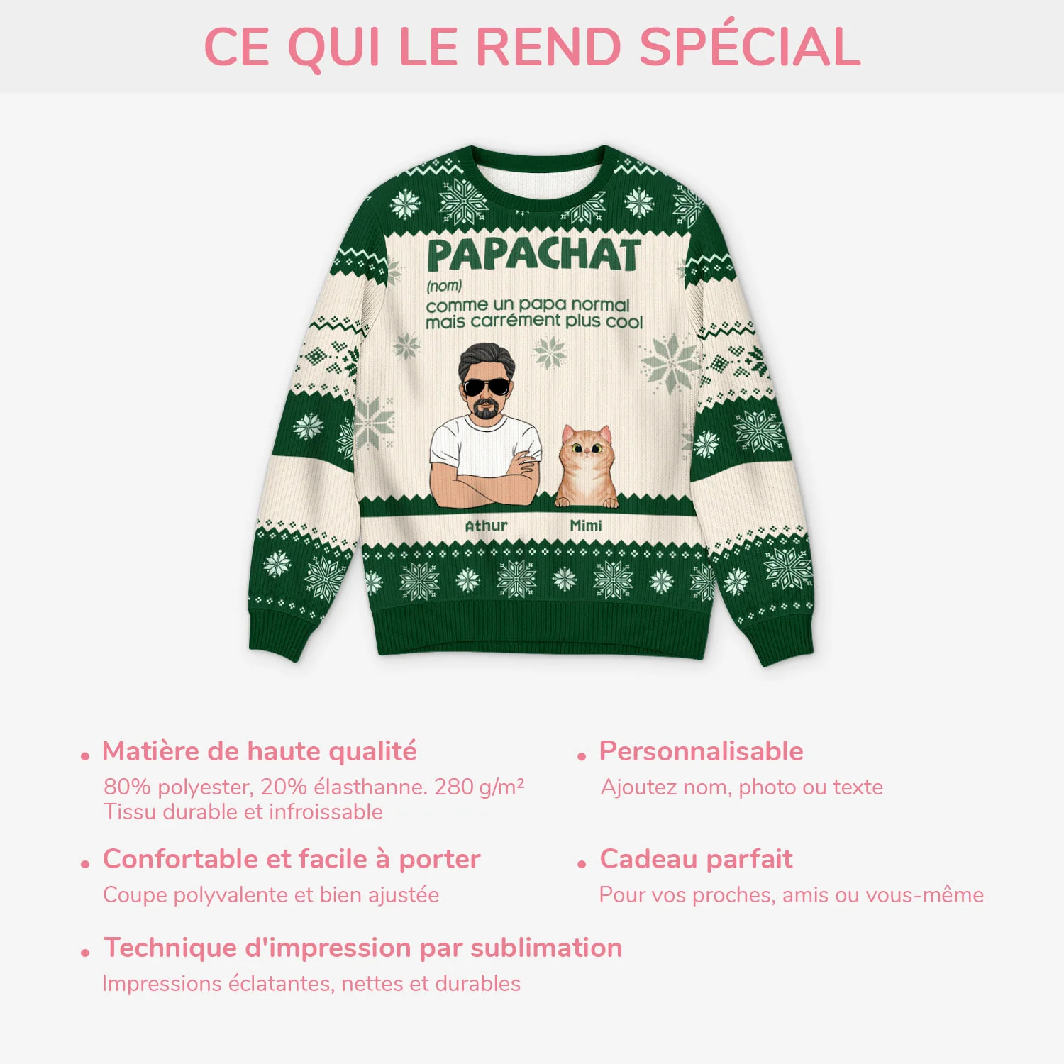 Pull De Noël Moche Personnalisé - Papa Chat Cool - Image 5