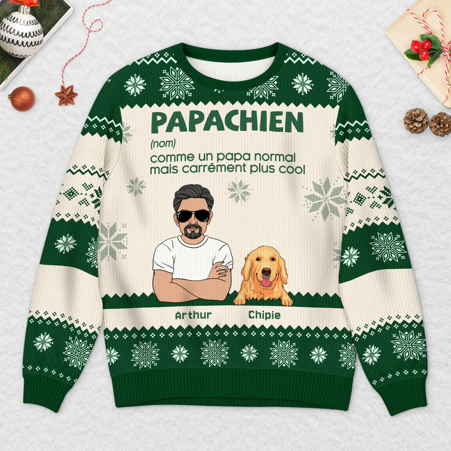 Pull De Noël Moche Personnalisé - Papa Chien Cool - Image 2