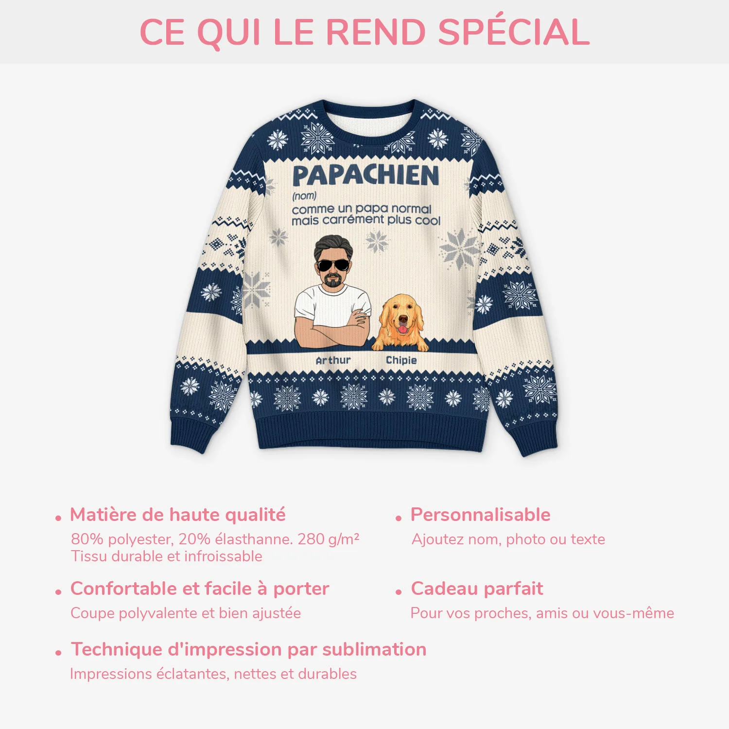 Pull De Noël Moche Personnalisé - Papa Chien Cool - Image 4