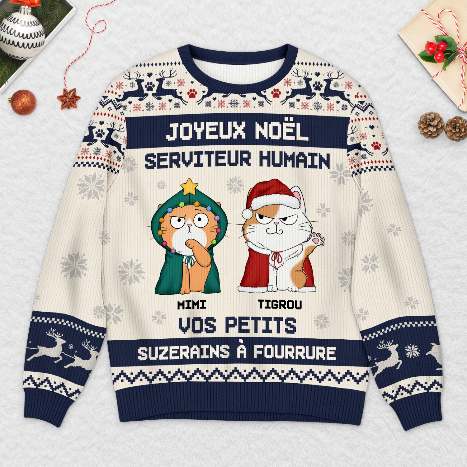 Pull Moche De Noël Chat Personnalisé - Joyeux Noël Serviteur Humain - Image 2