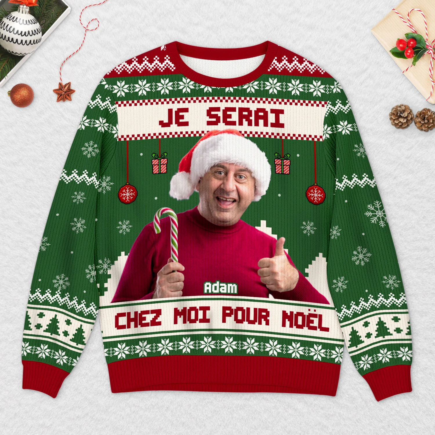 Pull Moche De Noël Personnalisé Avec Photo - Je Serai Chez Moi Pour Noël - Image 2