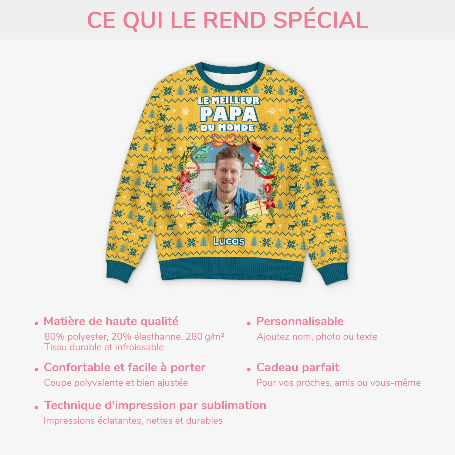 Pull de Noël Personnalisé avec Photo -Meilleur Papa/Maman Du Monde - Image 5