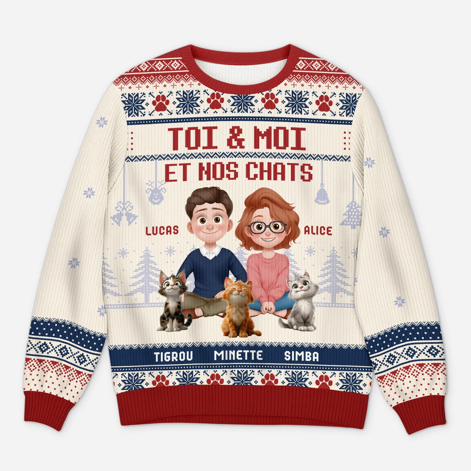 Pull Moche De Noël Personnalisé Couple - Toi Moi Et Notre Chat Version La Nuit