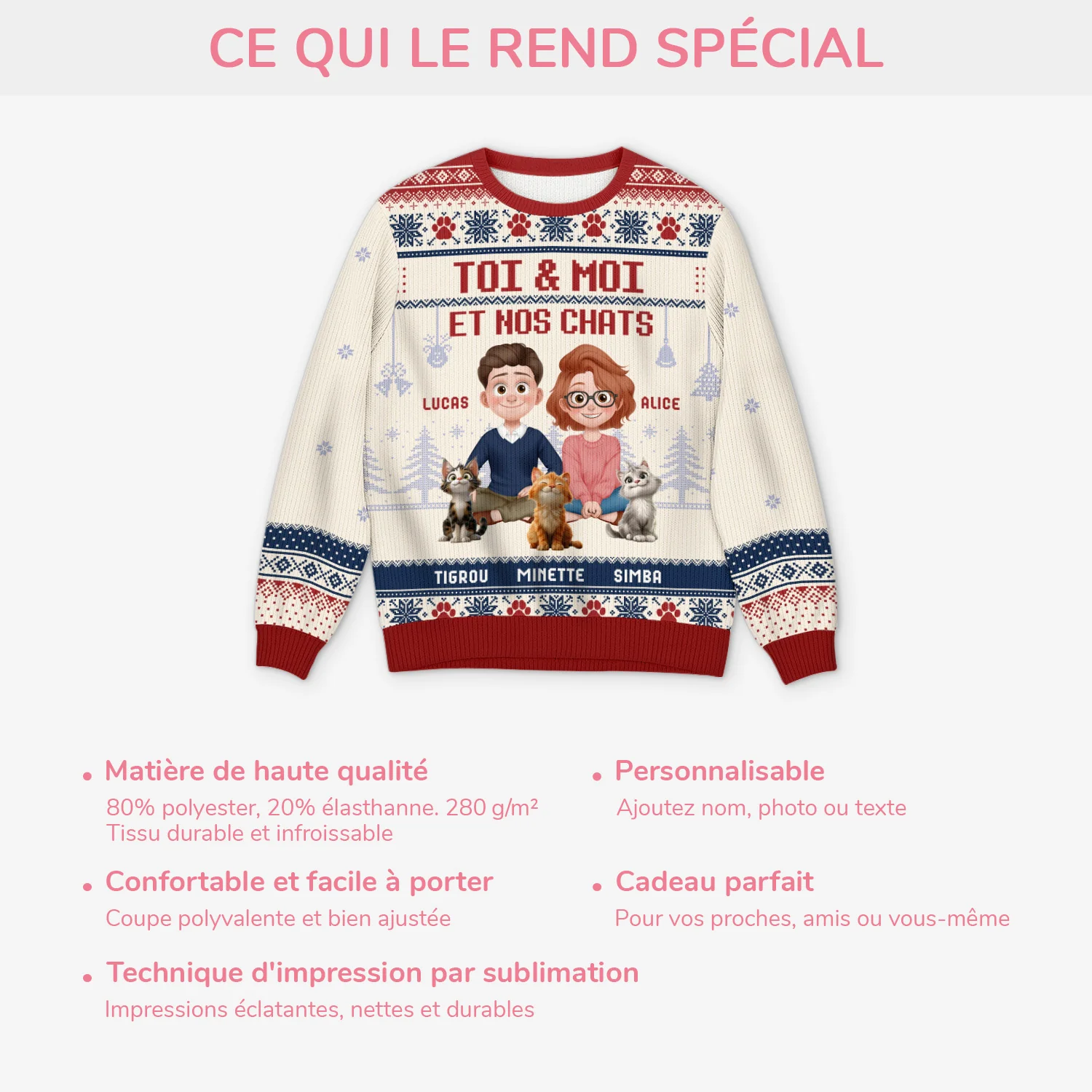 Pull Moche De Noël Personnalisé Couple - Toi Moi Et Notre Chat Version La Nuit - Image 5