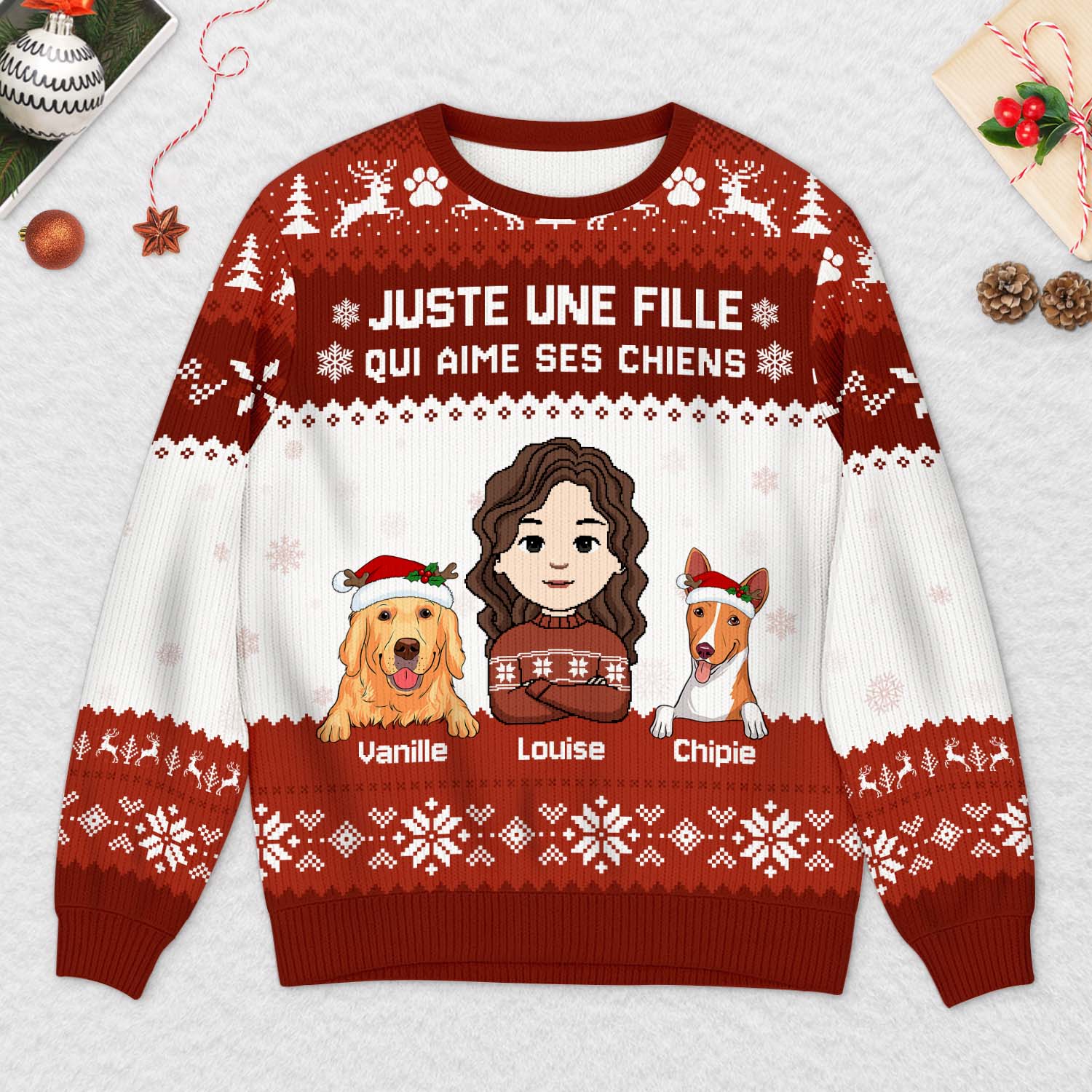 Pull Moche De Noël Personnalisé - Fille Qui Aime Son Chien - Image 2