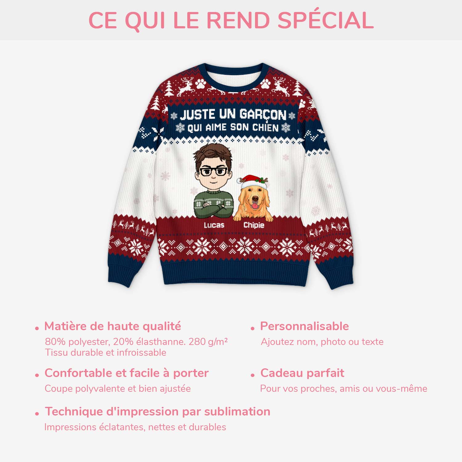 Pull Moche De Noël Personnalisé - Fille Qui Aime Son Chien - Image 5