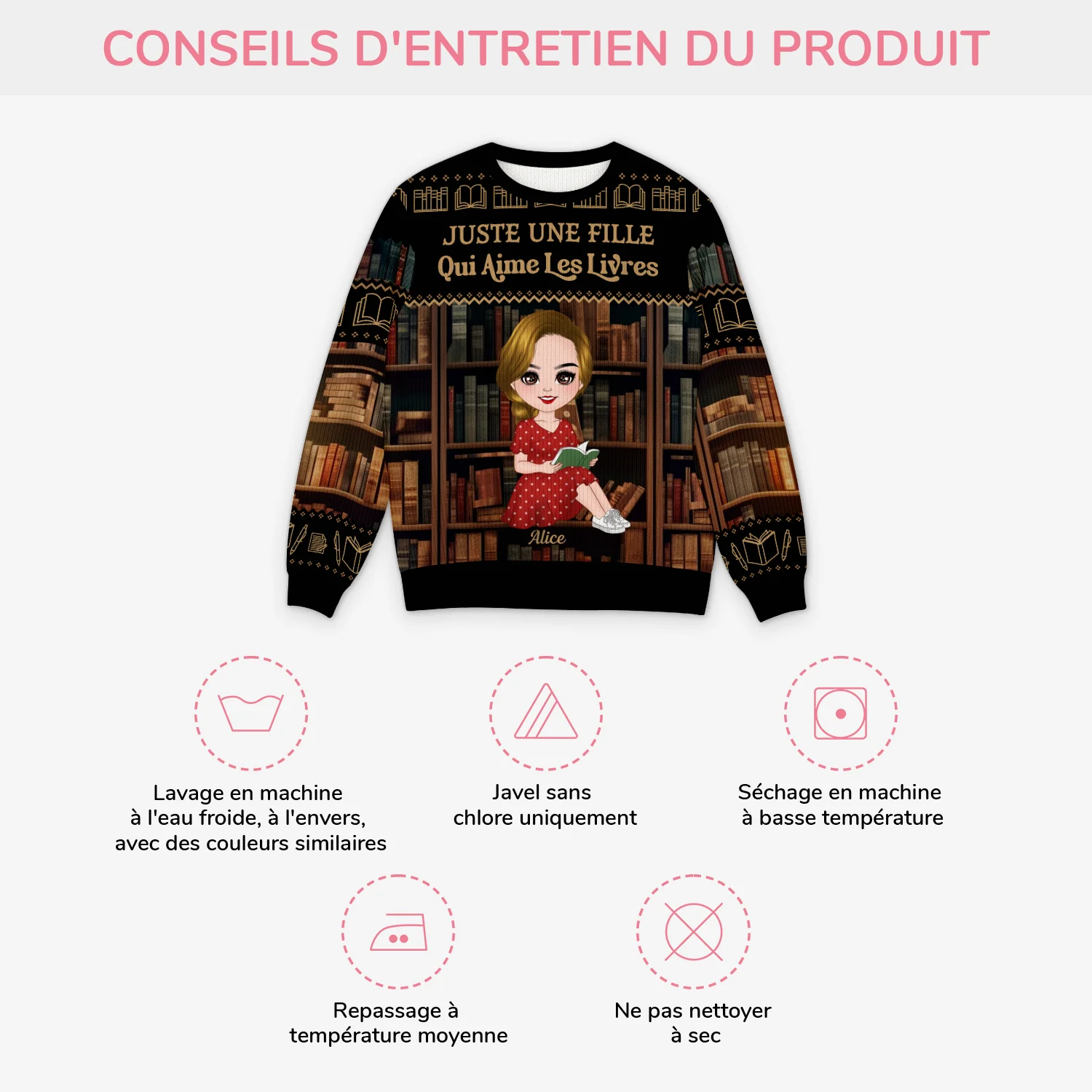 Pull Moche Personnalisé Noel - Juste une Fille Qui Aime Les Livres - Image 4