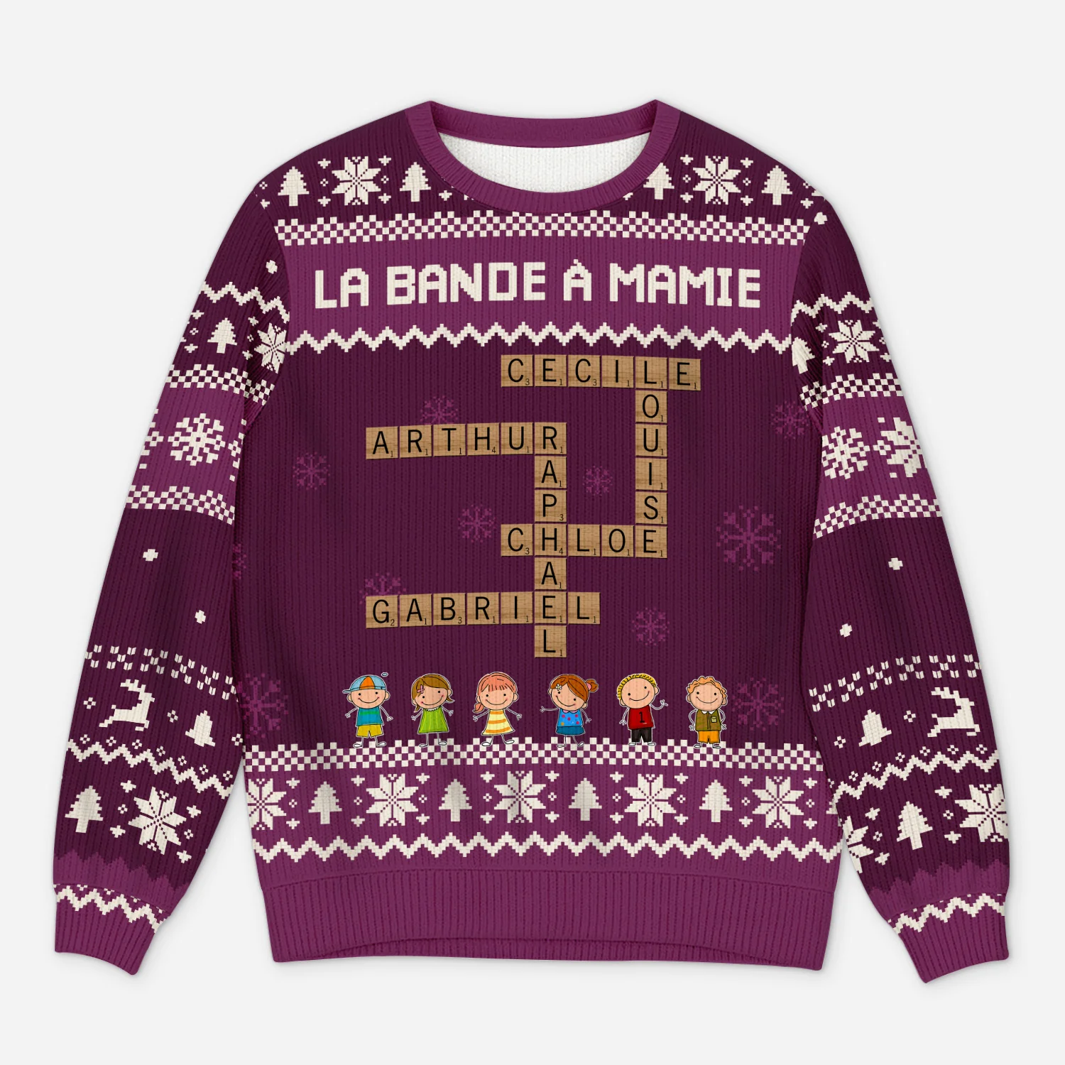 Pull Moche De Noël Personnalisé - La Petite Bande À Mamie Avec Mots-Croisés