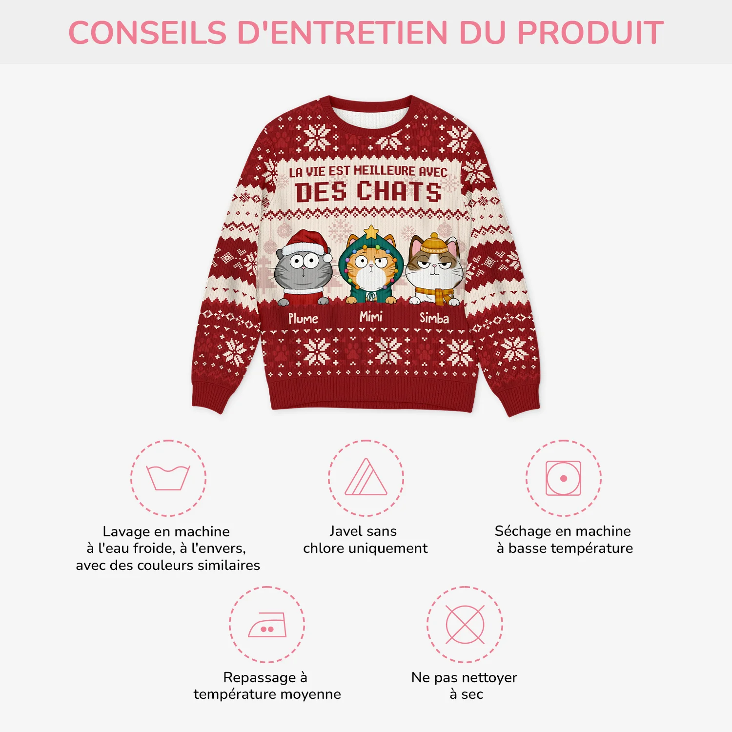 Pull Moche Personnalisé Noel -La Vie est Meilleure avec des Chats - Image 4