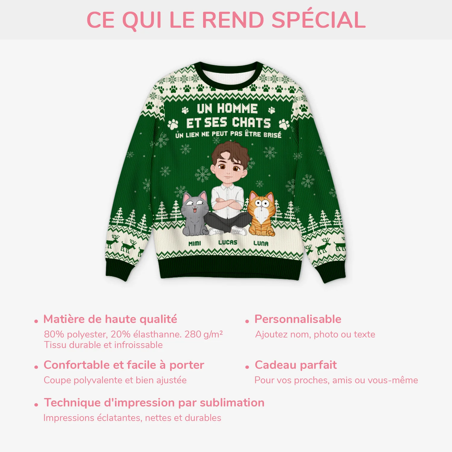 Pull Moche De Noël Personnalisé - Le Lien Entre Une Fille Et Son Chat - Image 5
