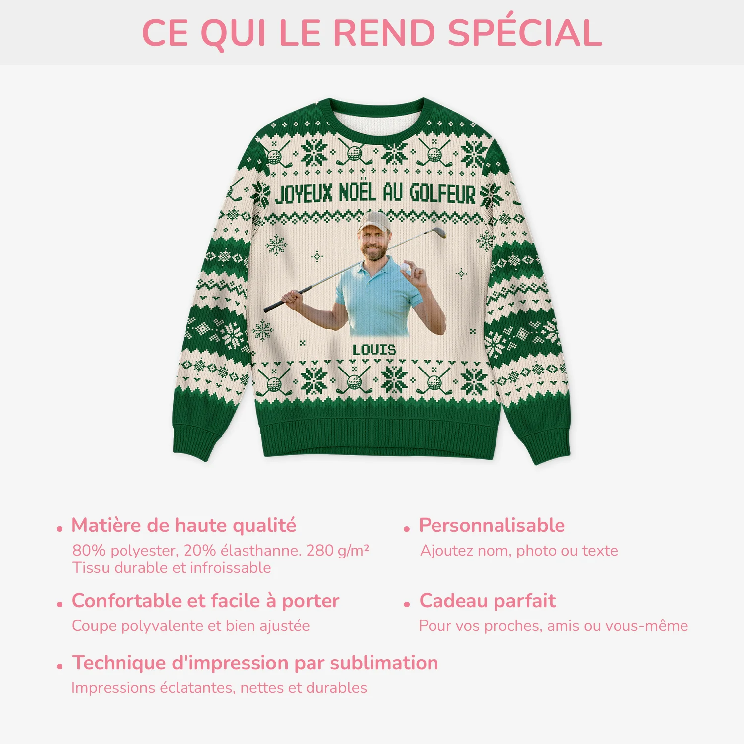 Pull de Noël Personnalisé avec Photo - Joyeux Noël au Golfeur - Image 5