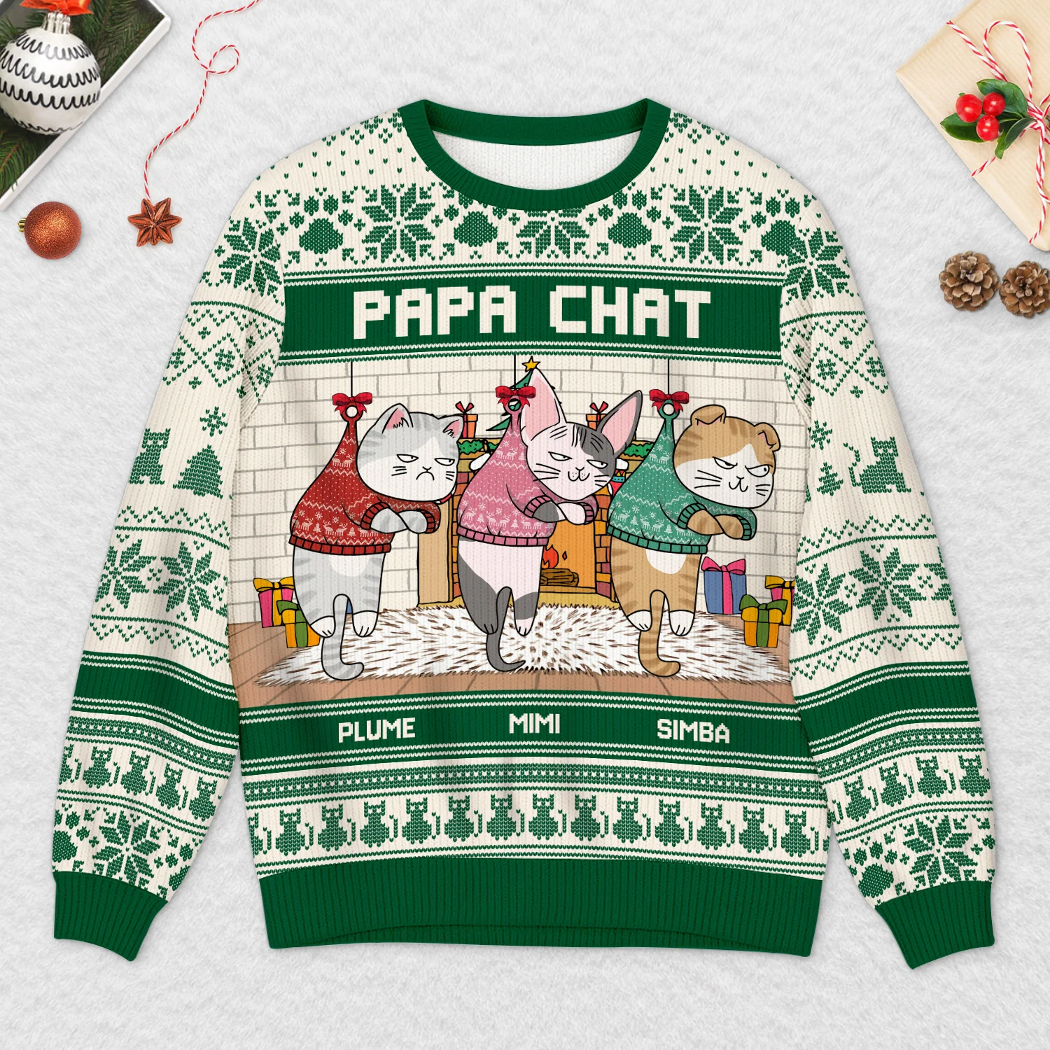 Pull Moche de Noël Personnalisé - Maman/Papa Chat - Image 2