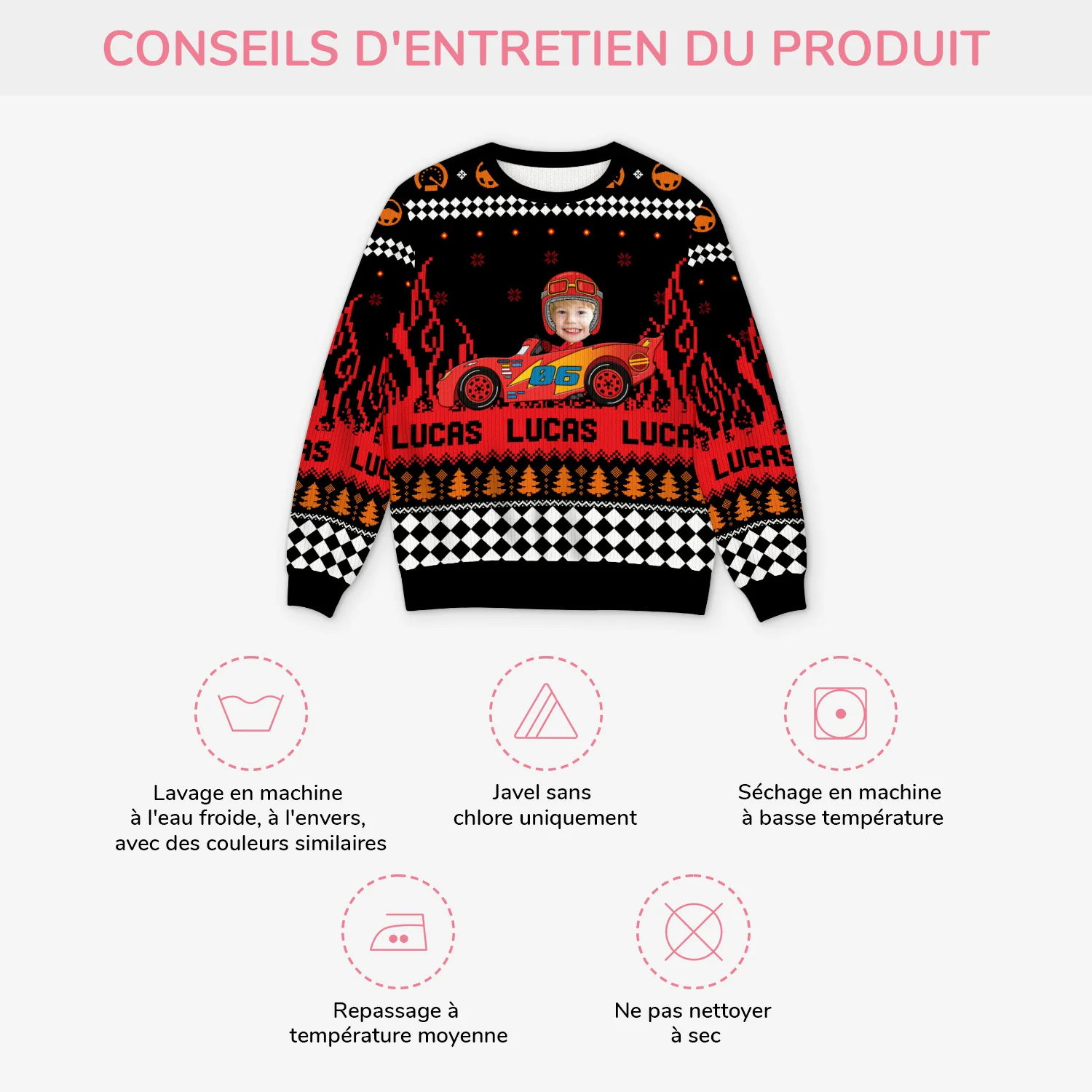 Pull de Noël Personnalisé avec Photo - Enfant Voiture de Course - Image 4