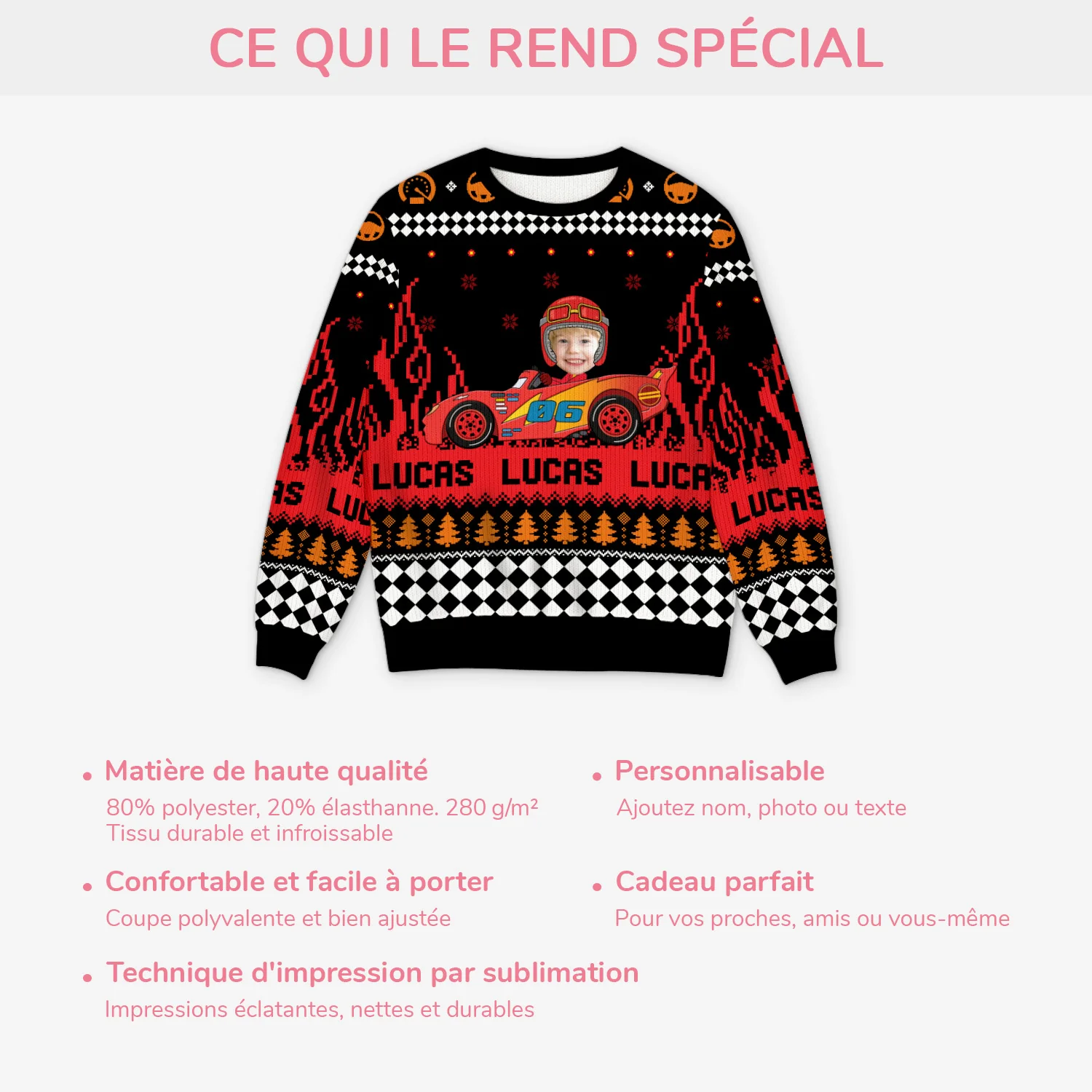 Pull de Noël Personnalisé avec Photo - Enfant Voiture de Course - Image 5