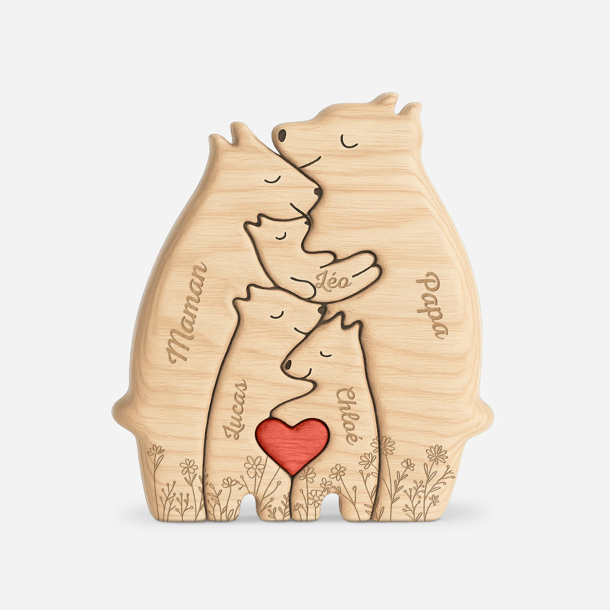 Puzzle En Bois Personnalisé avec Prénoms – Famille Ours et Fleurs