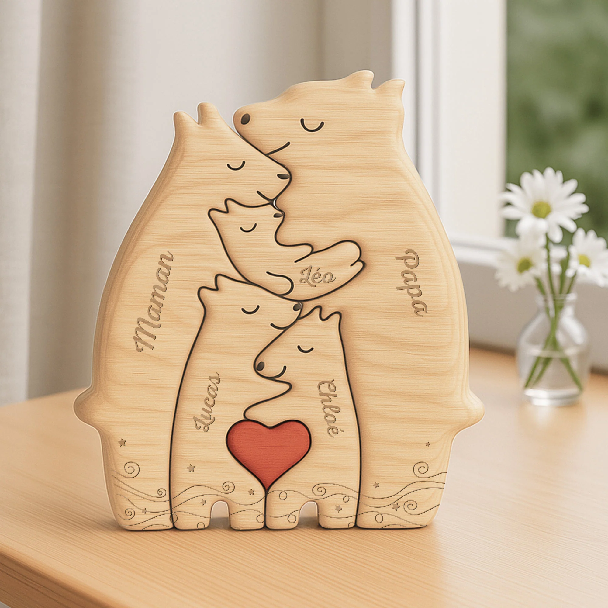Cadeau Pour Famille Nombreuse | Puzzle En Bois Personnalisé Famille Ours Avec Étoile - Image 2