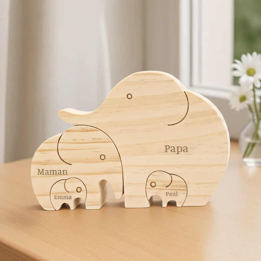 Puzzle En Bois Personnalisé - La Famille Éléphant - Image 2