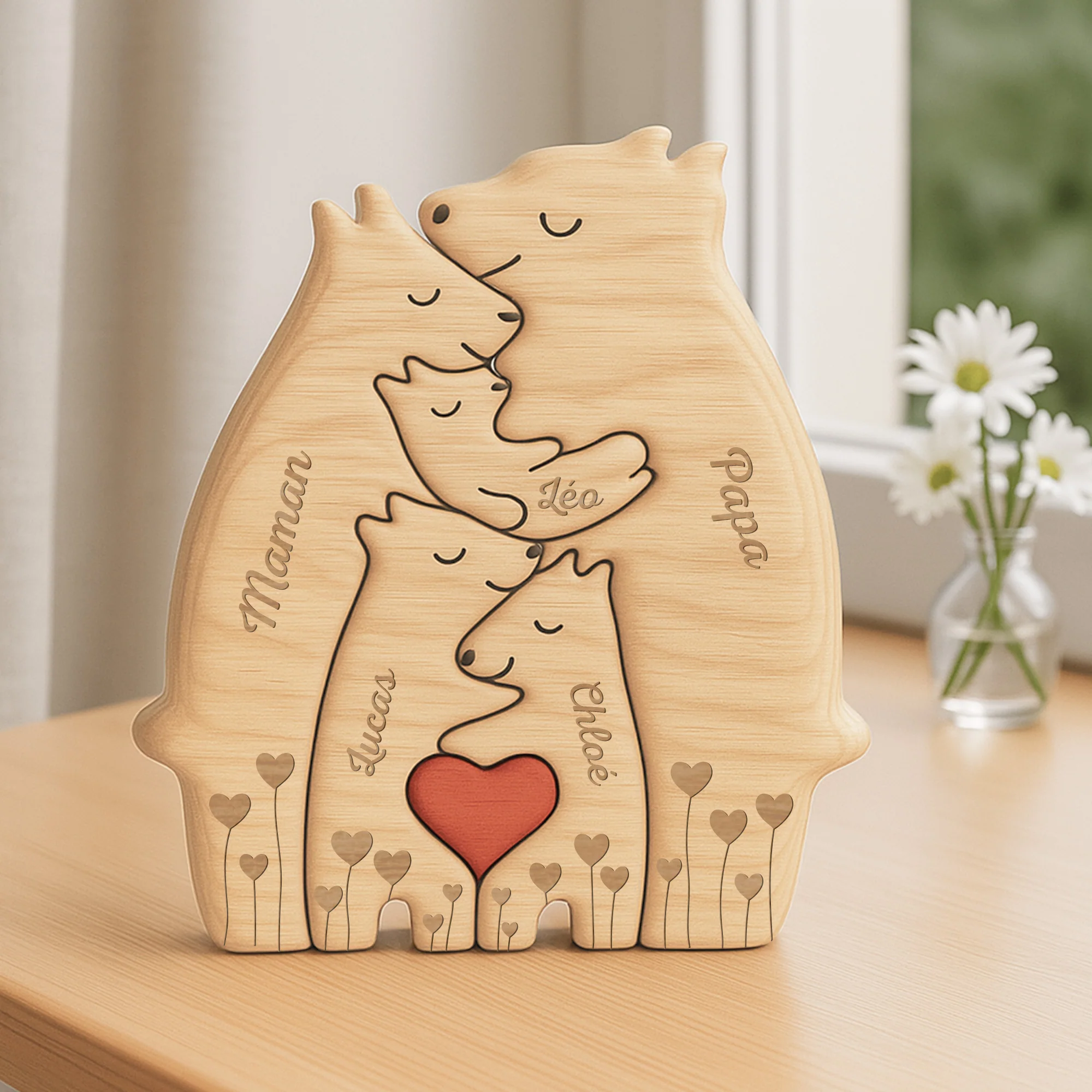 Puzzle En Bois Personnalisé Pour Parents Et Grands-parents - Famille Ours Avec Cœur - Image 2