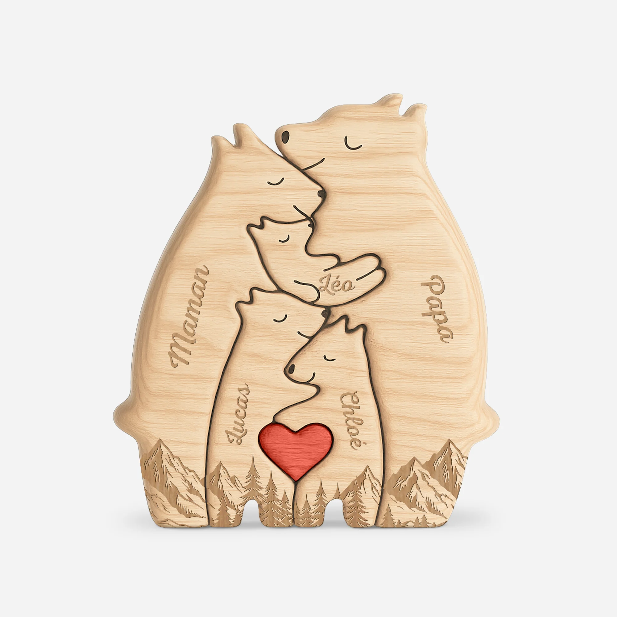 Puzzle En Bois Personnalisé Thème Forêt & Montagne Avec Prénoms - Famille Ours