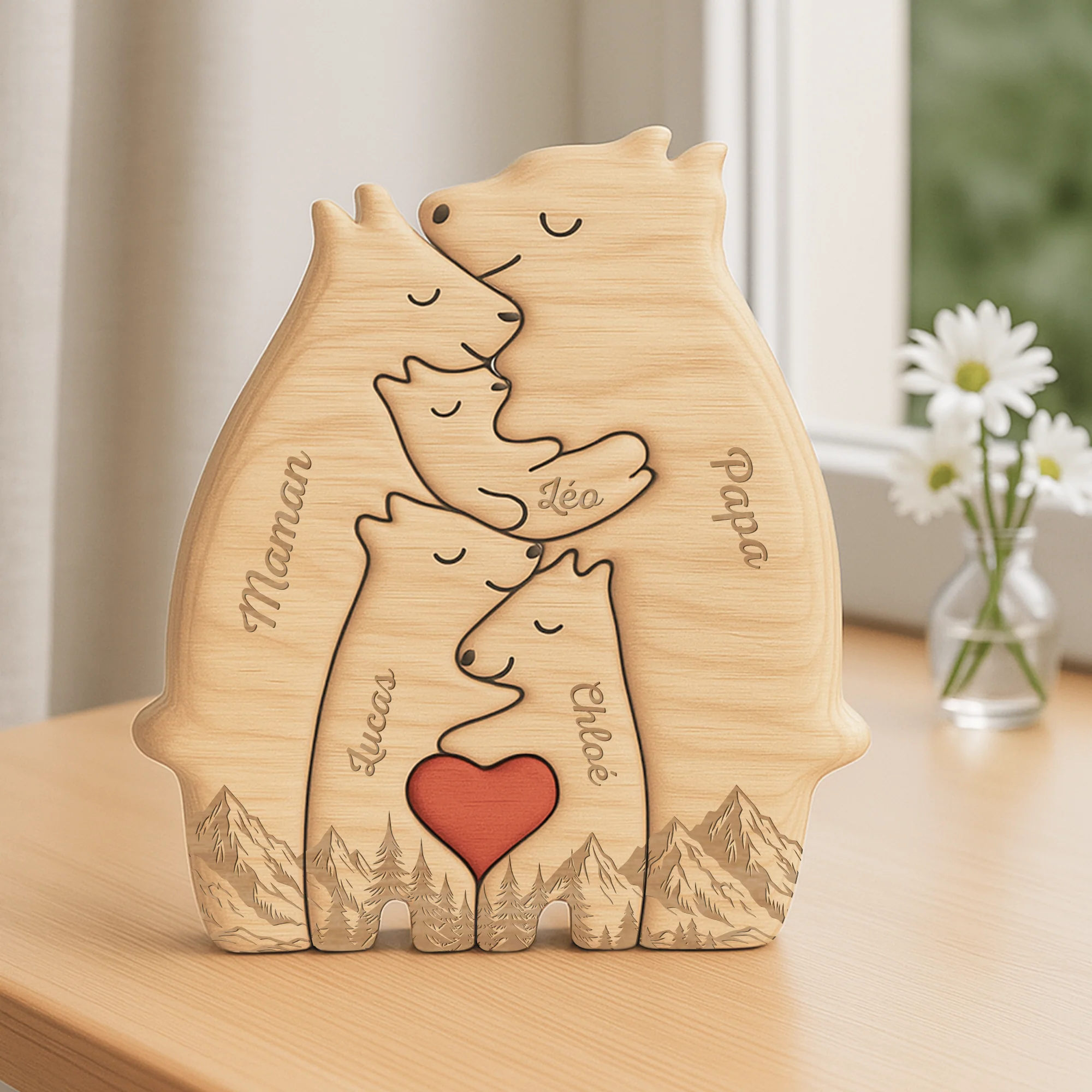 Puzzle En Bois Personnalisé Thème Forêt & Montagne Avec Prénoms - Famille Ours - Image 2