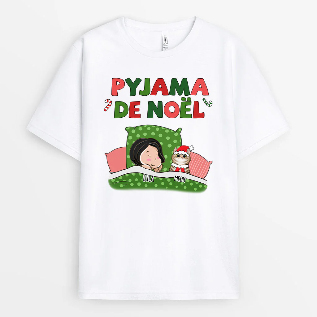Tee Shirt Personnalisé Femme – Pyjama de Noël Chat