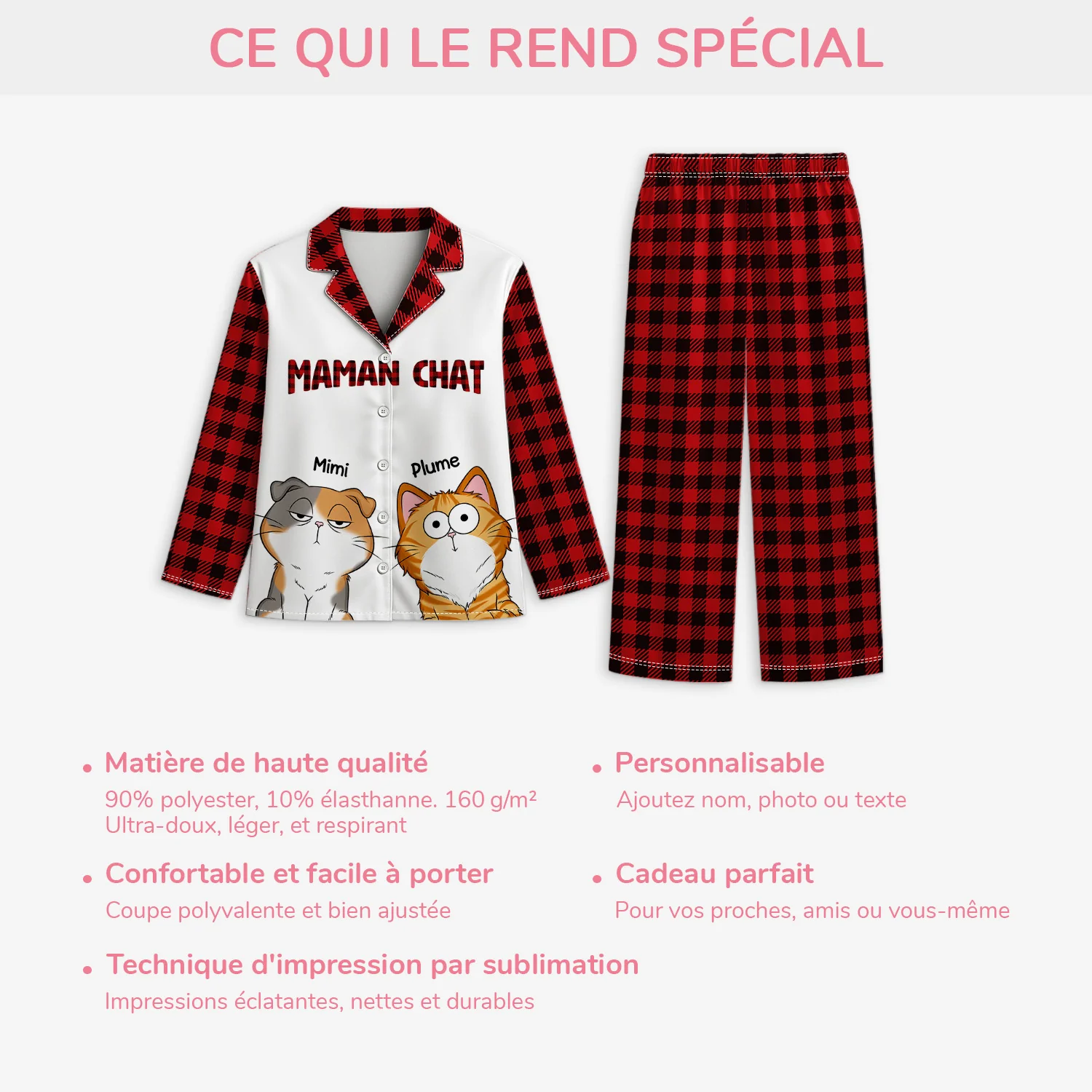 Pyjama Personnalisé À Carreaux - Maman Chat - Image 5