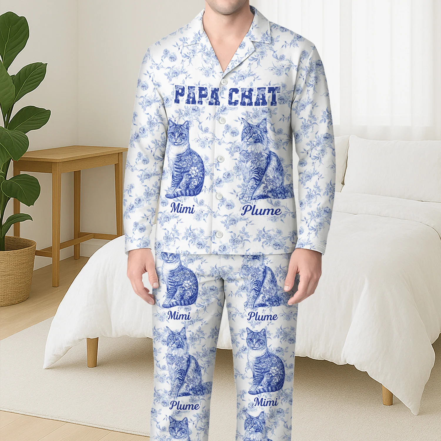 Pyjama Personnalisé - Maman Chat Style Toile Bleue - Image 3