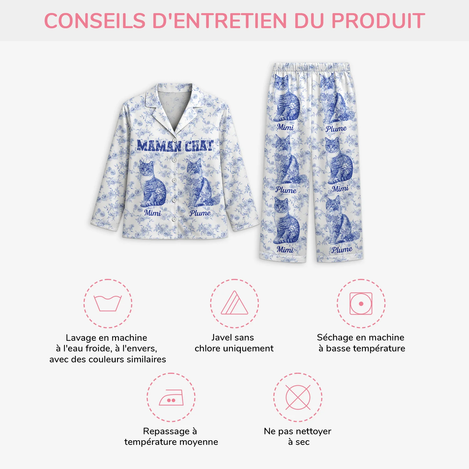 Pyjama Personnalisé - Maman Chat Style Toile Bleue - Image 4