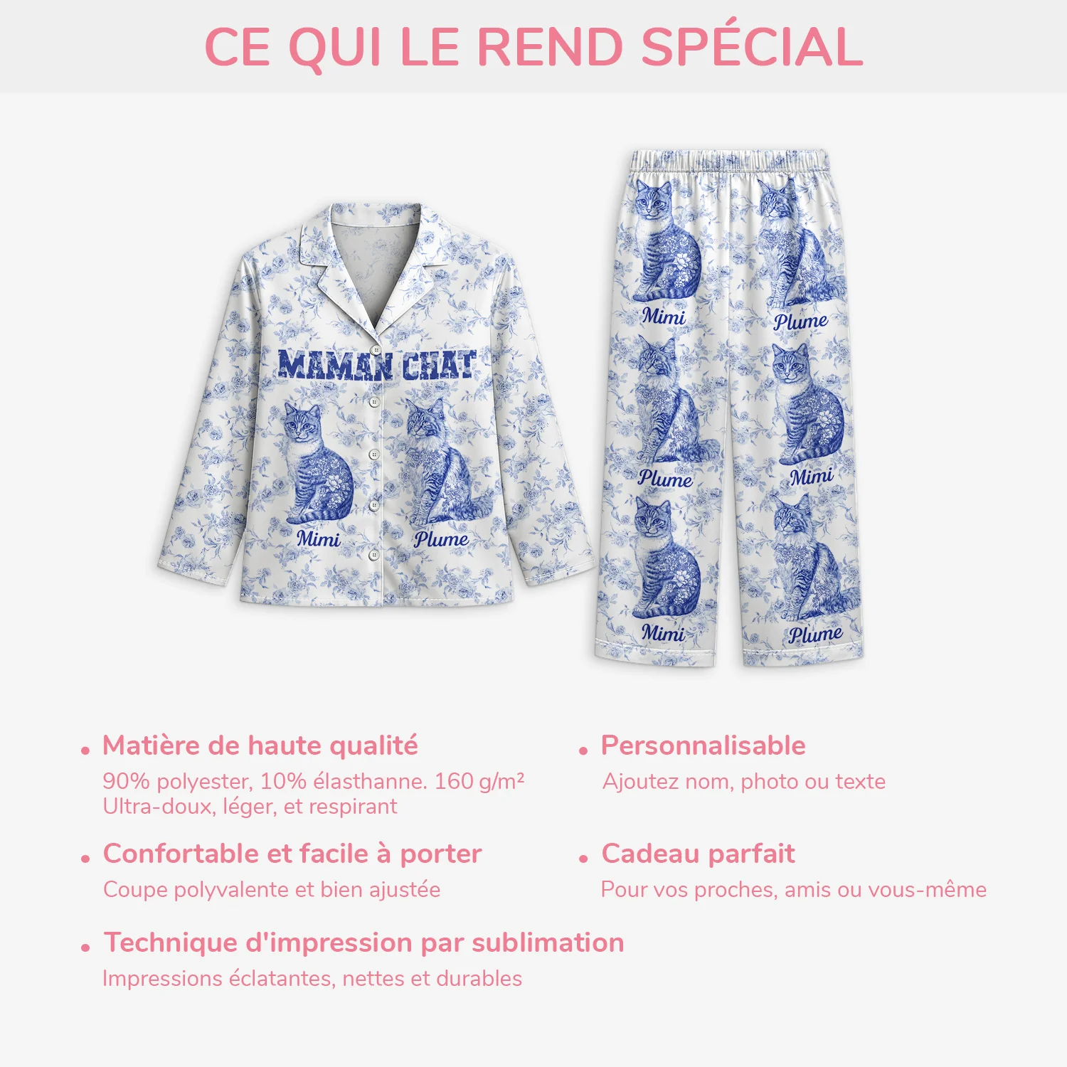 Pyjama Personnalisé - Maman Chat Style Toile Bleue - Image 5