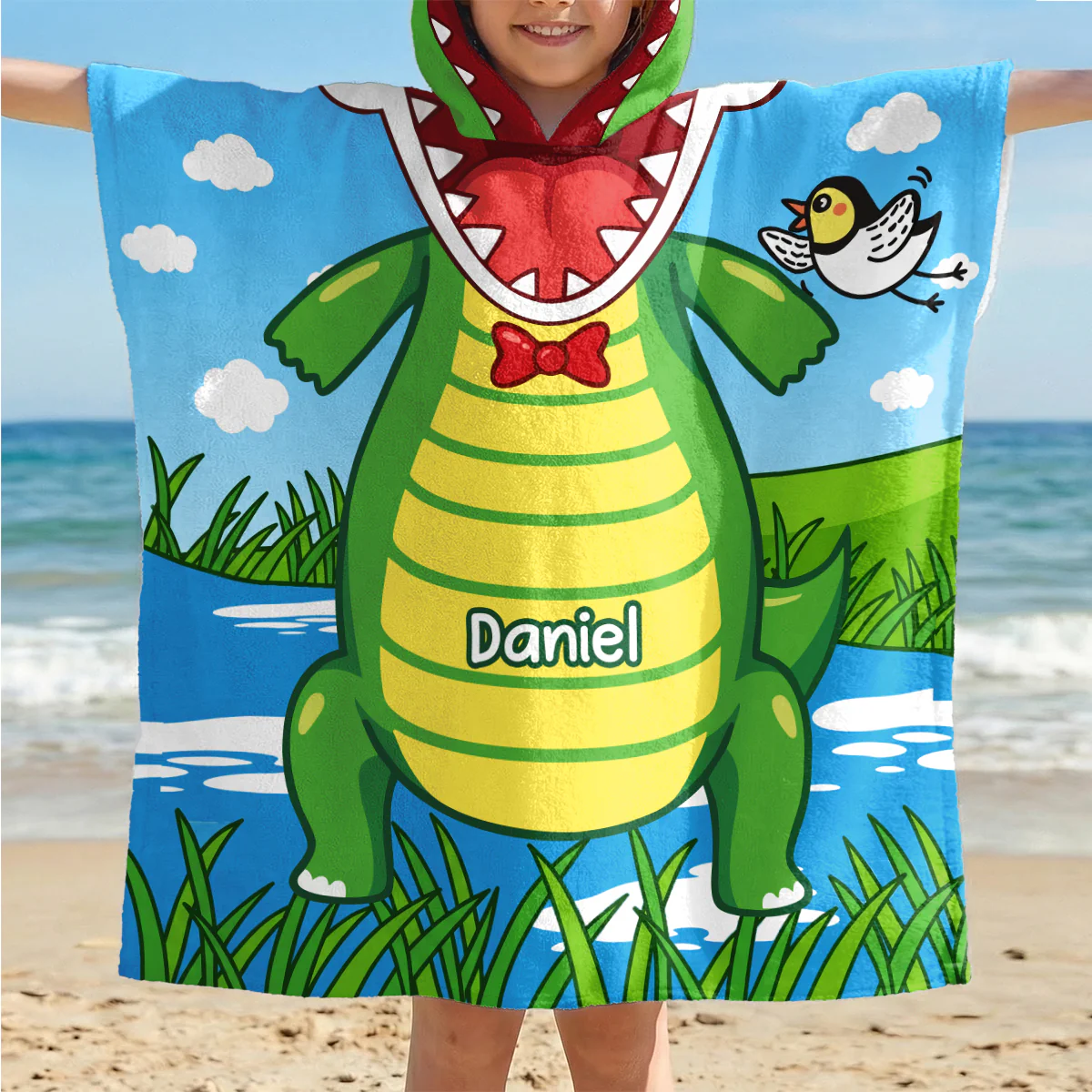 Serviette De Plage Enfant Personnalisée Avec Capuche - Cadeau Dinosaure Pour Été