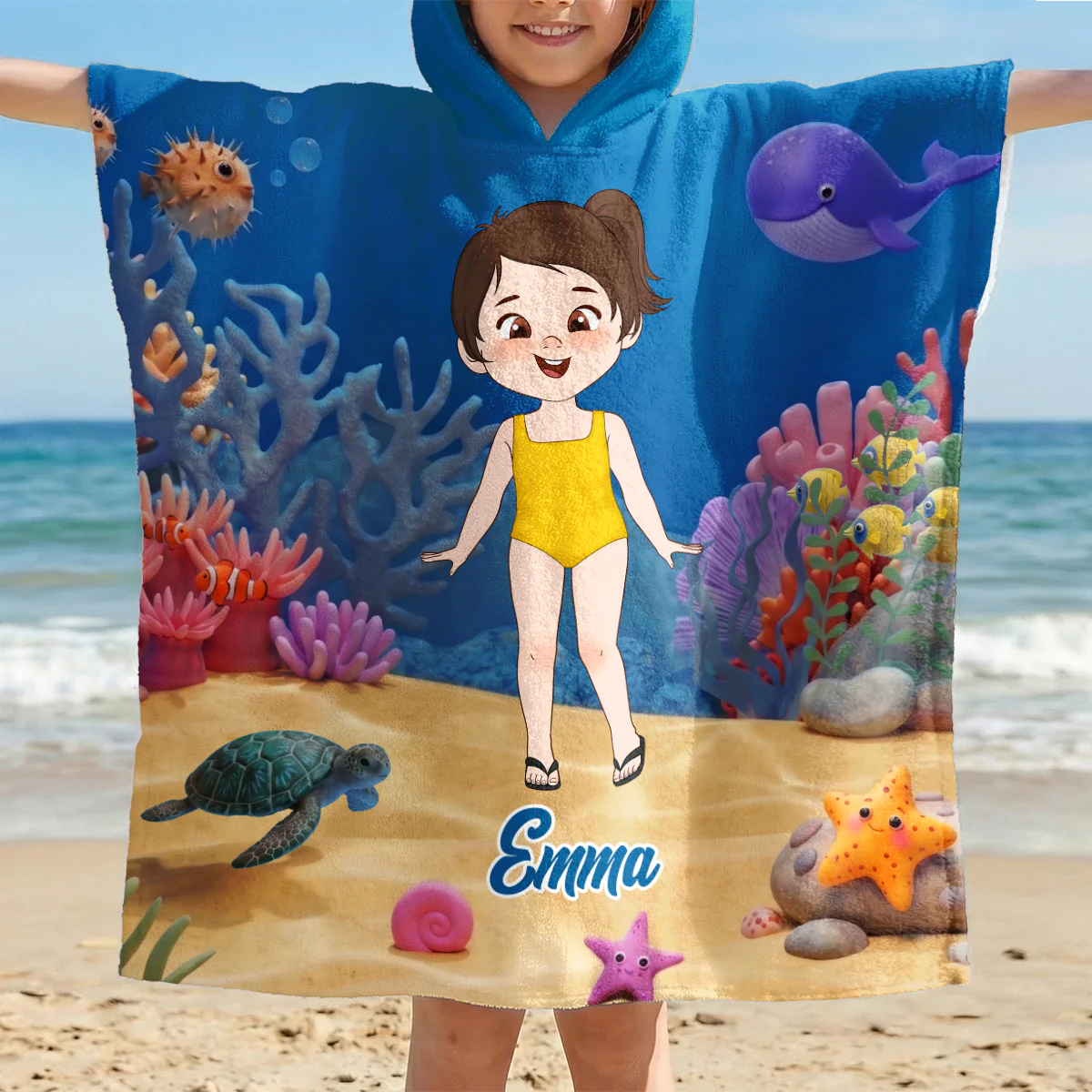 Serviette De Plage Enfant Personnalisée Avec Capuche - Cadeau Été Avec Dessin Enfant