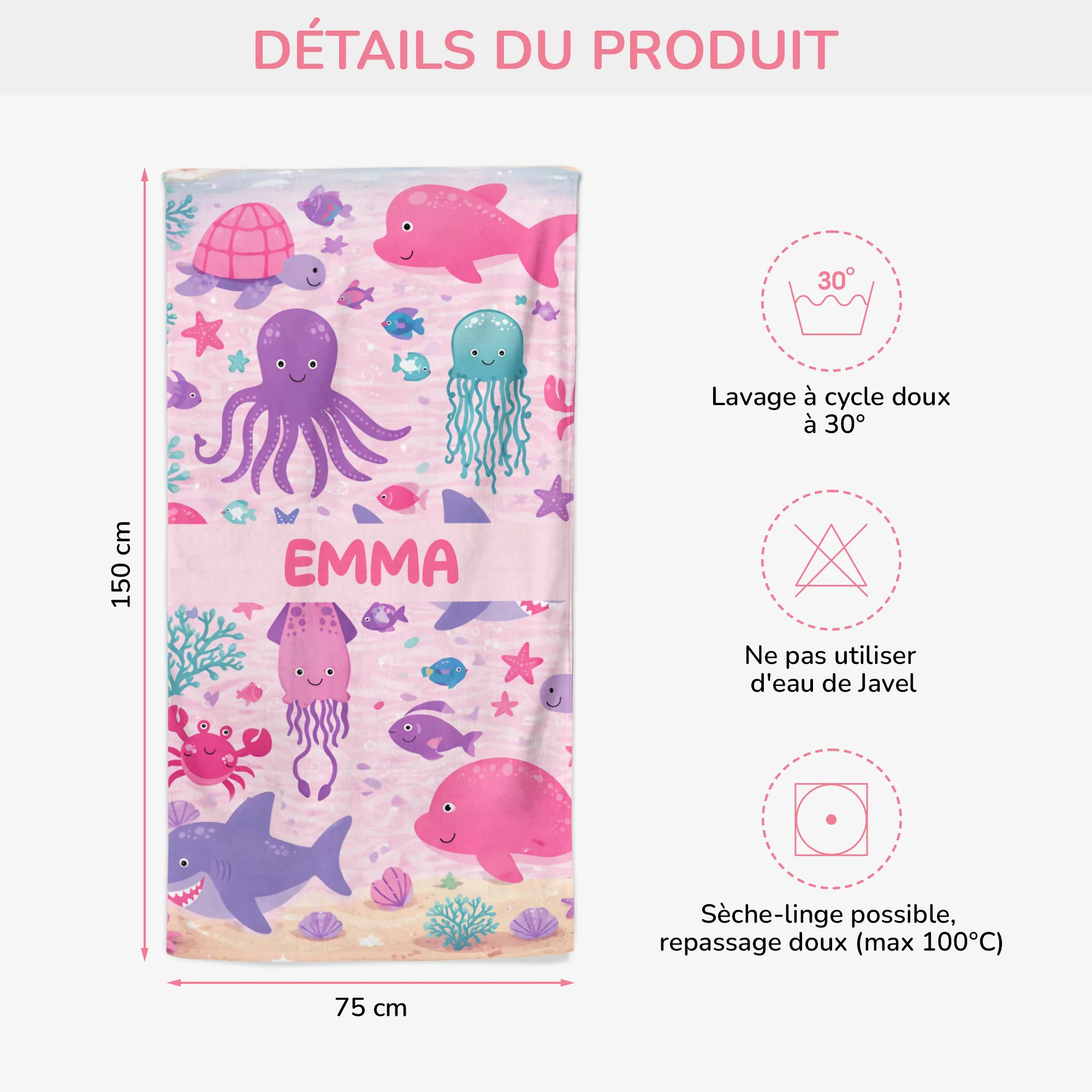 Serviette De Plage Enfant Personnalisée - Cadeau Dessin Océan Pour Été - Image 3